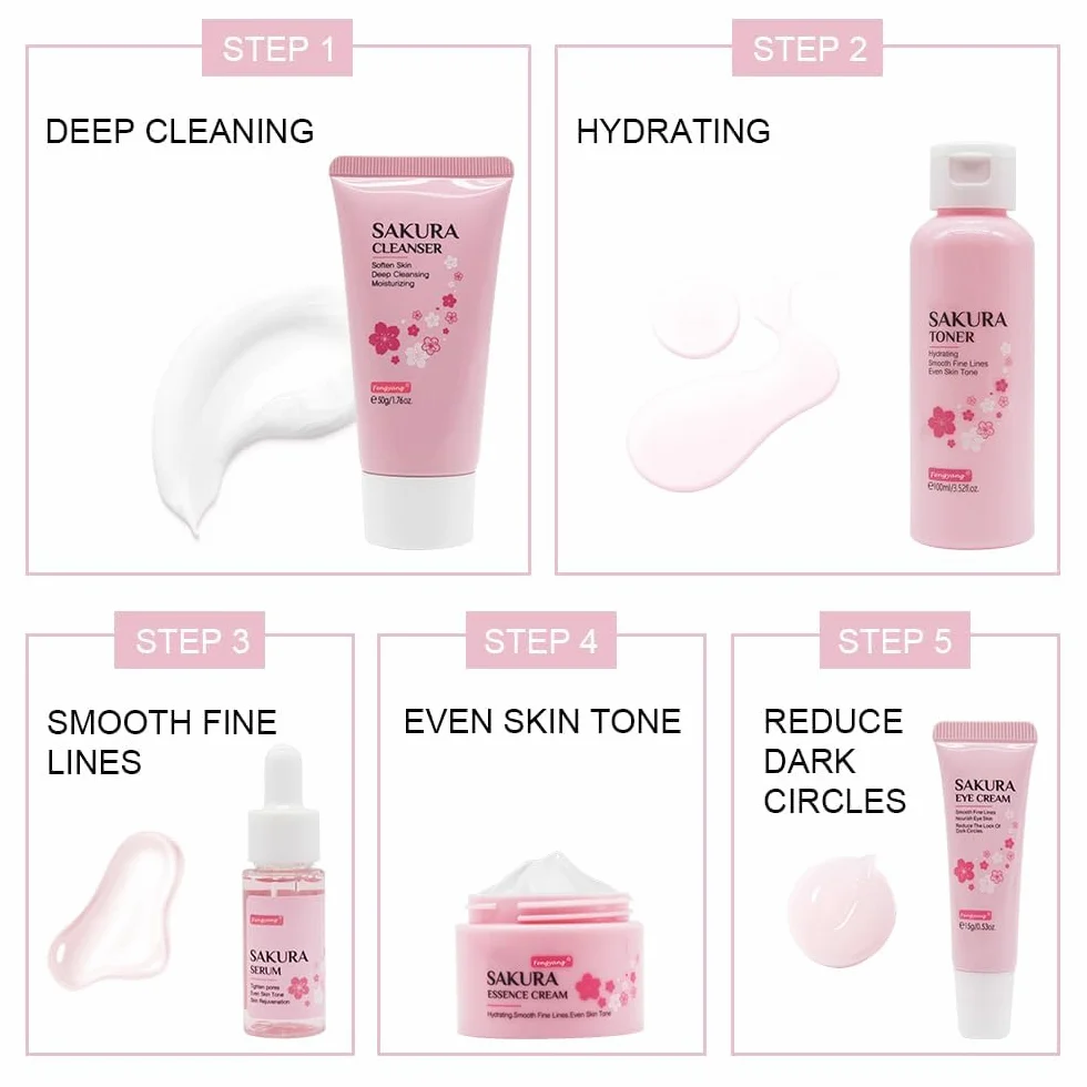 Fengyang ®Set per la Cura Della Pelle Sakura,Cura Della Pelle Viso,5pcs Set Regalo per la Cura Della Pelle,Con Detergente,Toner,Crema Occhi,Siero,Crema,Regalo per Adolescenti Ragazze Signora(5Pcs)