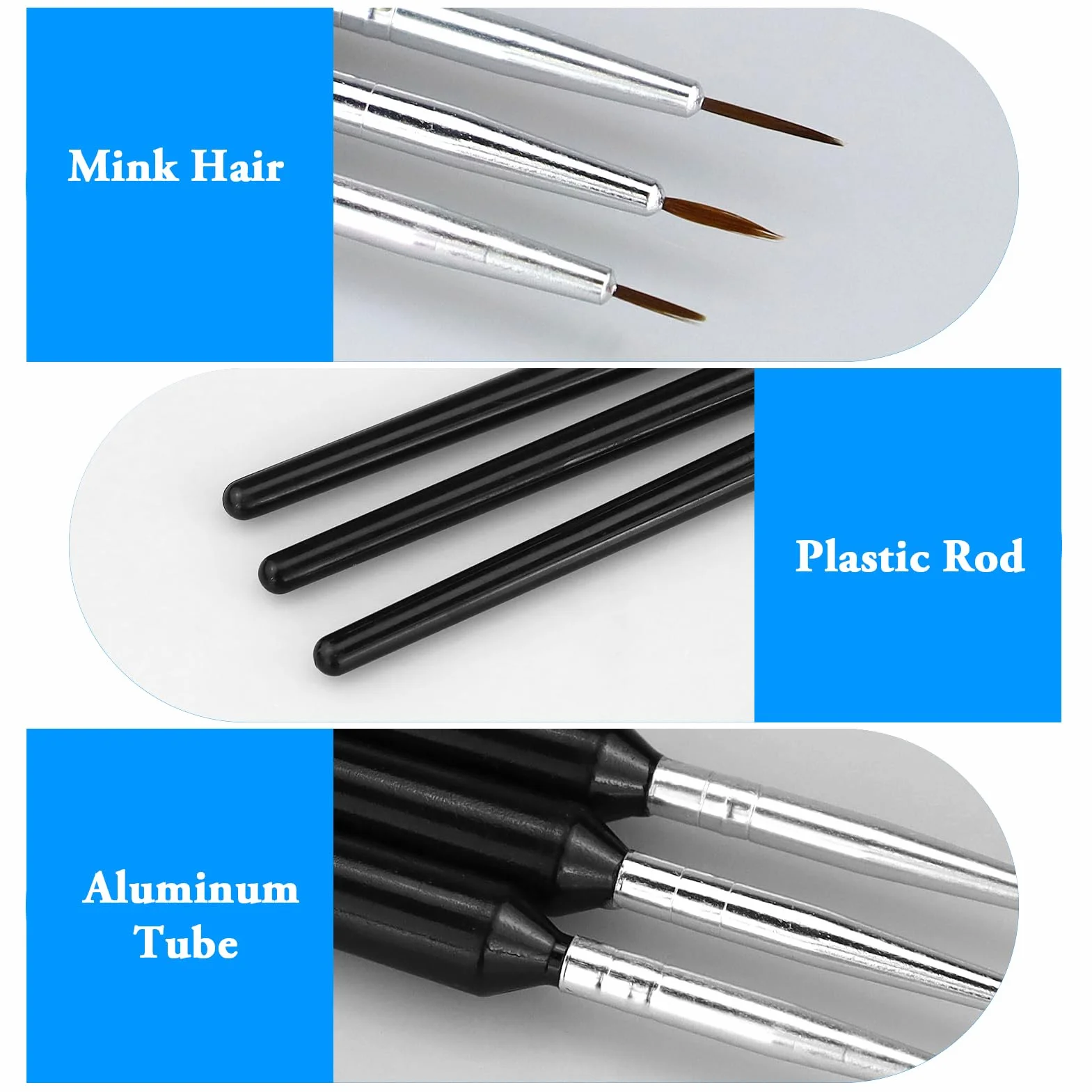 Set di 3 pennelli sottili per nail art, pennelli sottili per nail art in miniatura, pennelli per nail art fai da te, per brevi tratti, dettagli, sfumature, linee allungate