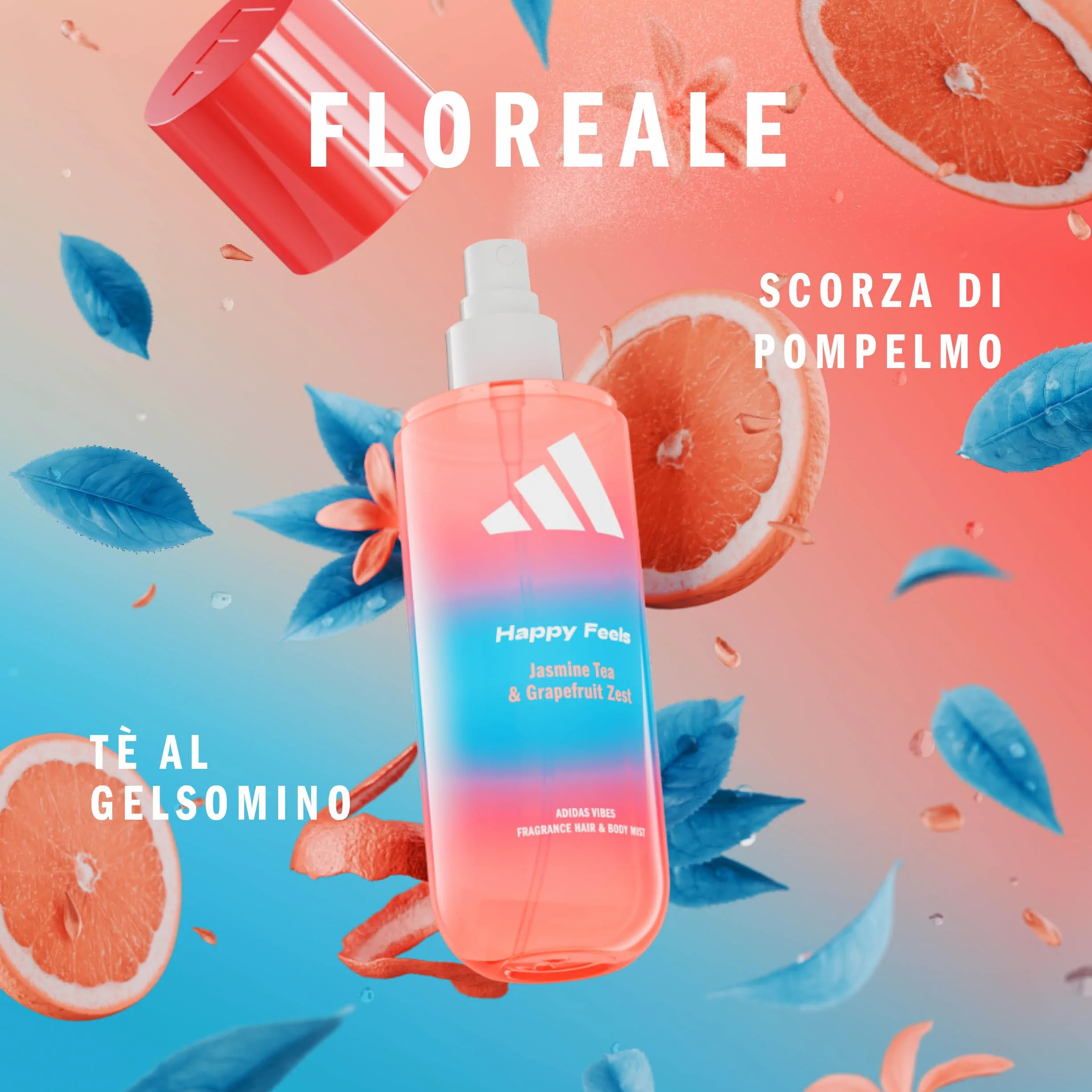 adidas Vibes Happy Feels Acqua profumata spray per corpo e capelli, da Donna, Mood Boosting, Note di Tè al Gelsomino e Scorza di Pompelmo, Per Ogni Occasione, 236 ml