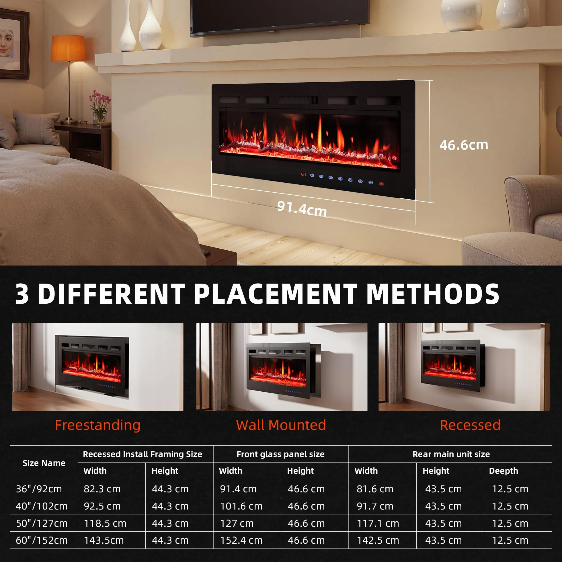 Camino Elettrico 92cm 900W/1800W Fiamma 12 Colori Scintillio Termostato Preciso 15-30°C Touchscreen Telecomando