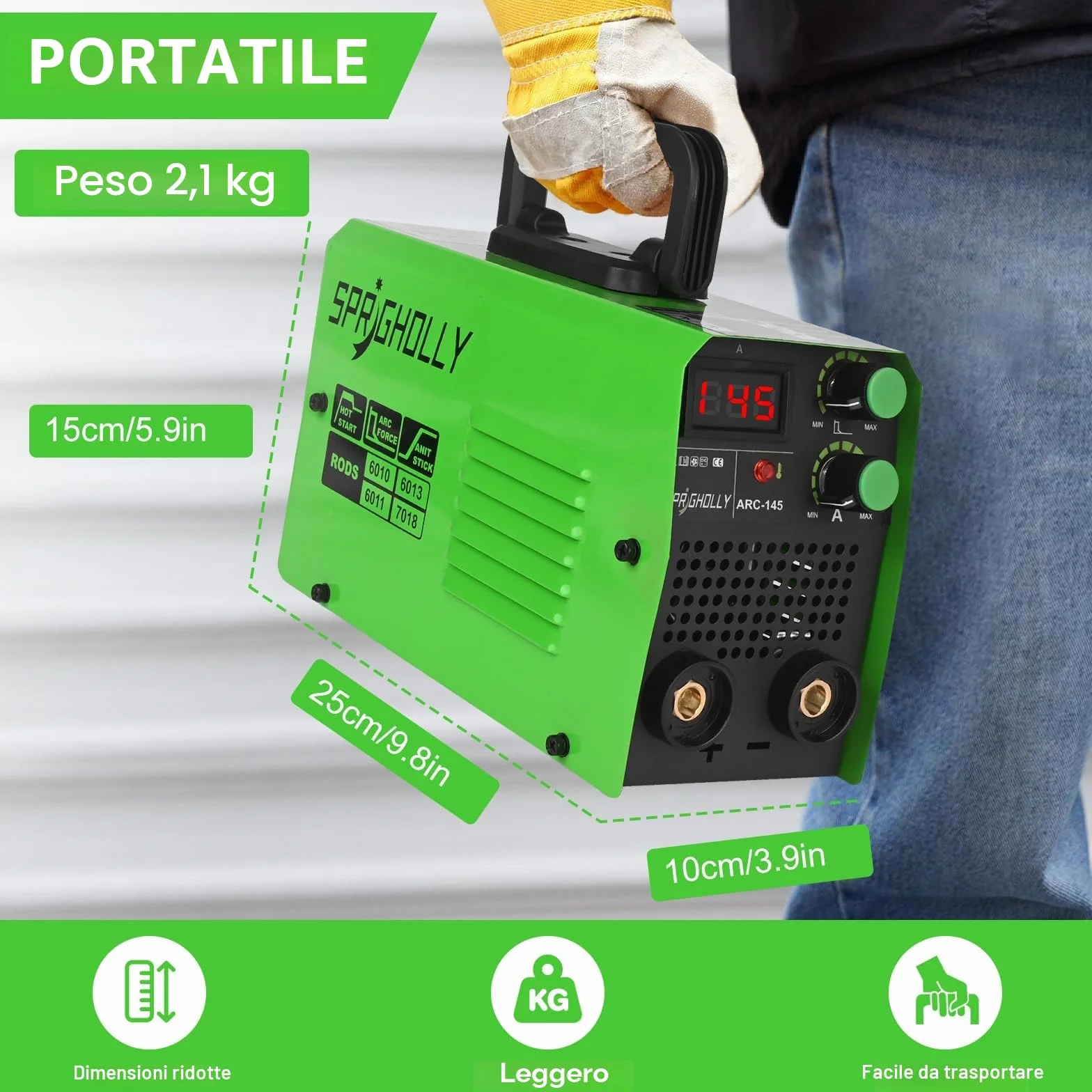 Mini Saldatrice Inverter 145A ARC LIFT TIG IGBT Display LED ARC-145