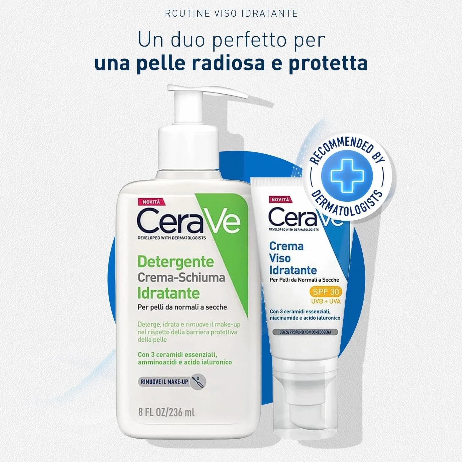 CeraVe Kit Skincare Viso Detergente Schiuma, Per Pelli da Normali a Secche, Con 3 Ceramidi, 236 ml + Crema Idratante SPF 30, 52 ml