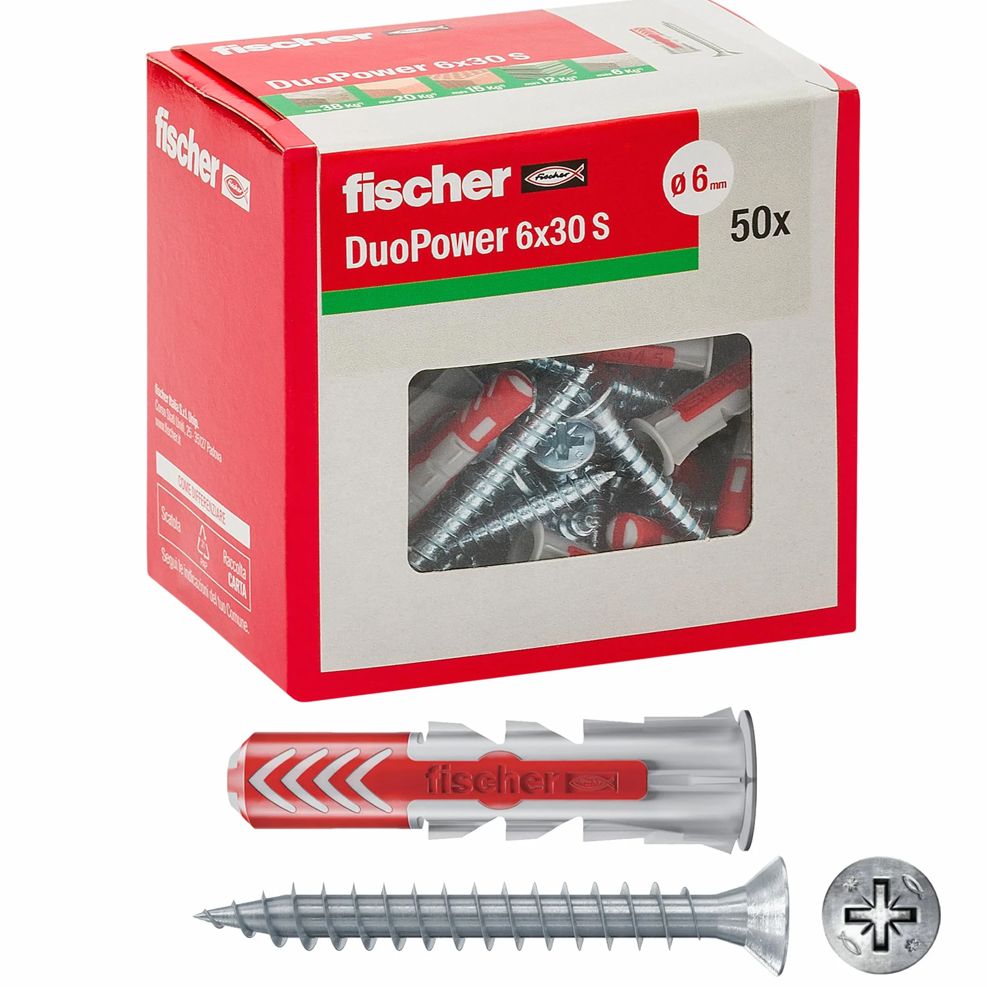 Fischer Duopower Tasselli con Vite 6x30 mm per Muro Pieno Mattone Forato Cartongesso