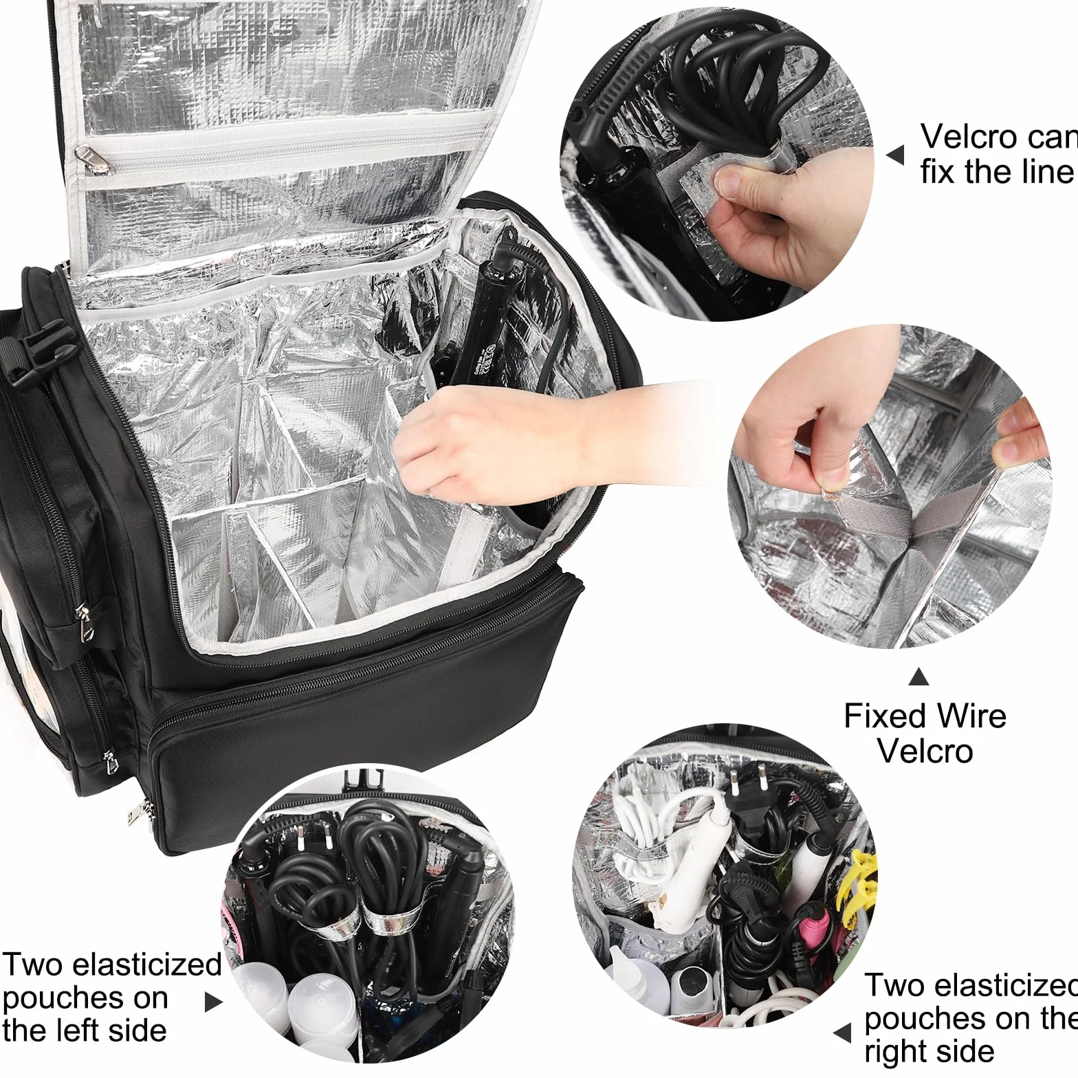 Relavel Hair Tools Borsa da parrucchiere, borsa per il trucco, isolamento termico, ferro arricciacapelli, accessori da viaggio, borsa da parrucchiere, borsa per cosmetici, zaino nero