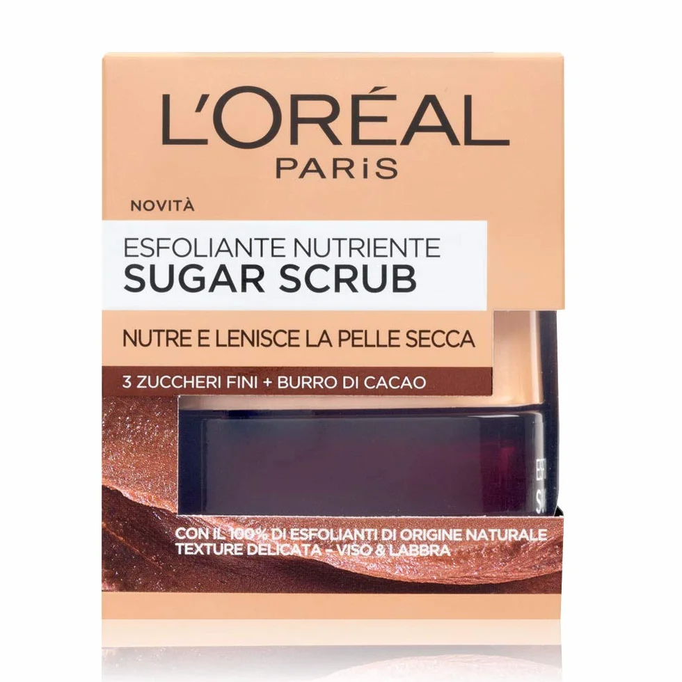 L'Oréal Paris Detergenza Sugar Scrub Esfoliante Nutriente Viso & Labbra Con Cristalli Fini Di Zucchero + Burro Di Cacao, 50 Ml Color Multicolore