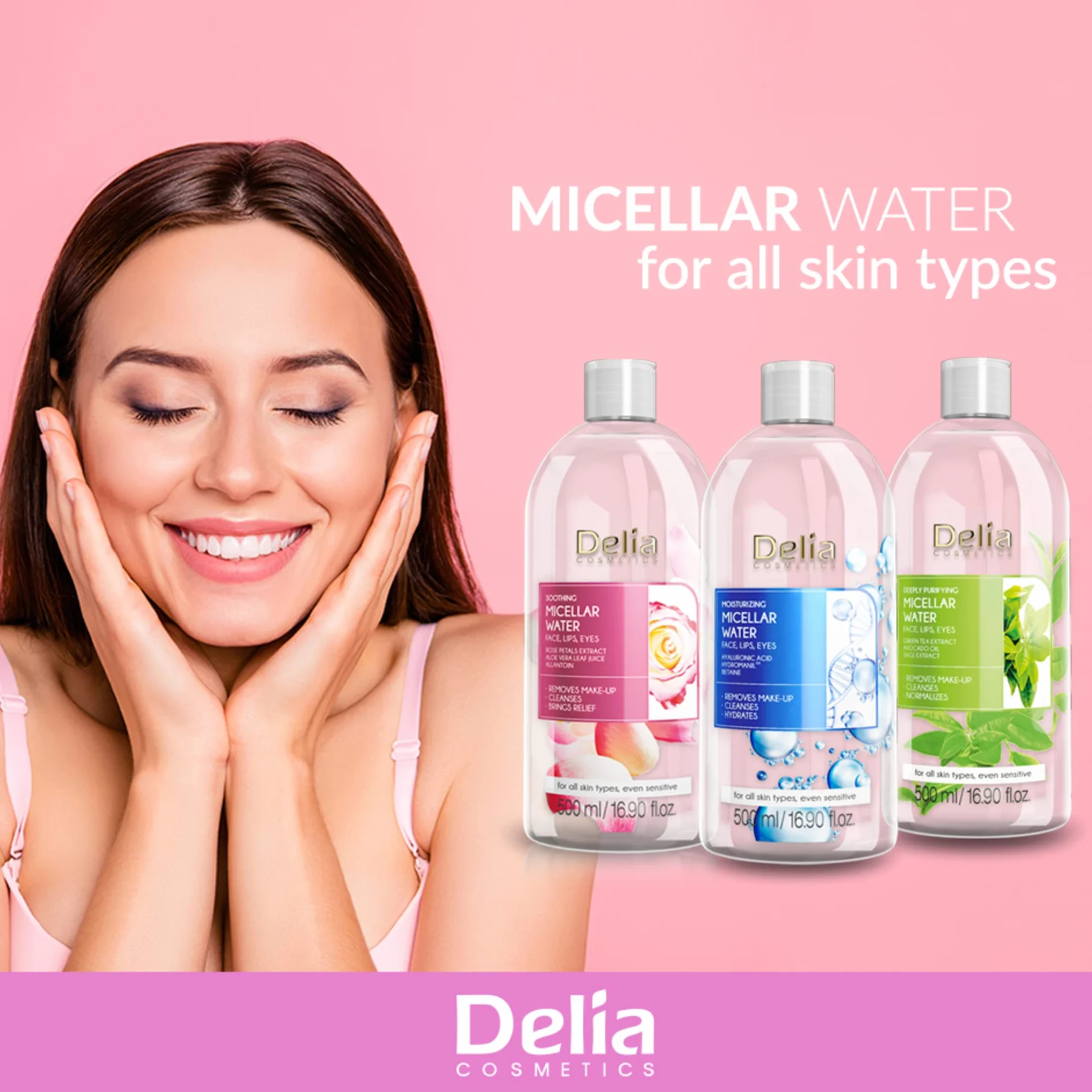 Delia Cosmetics – Acqua micellare lenitiva – Detergente viso con estratto di petali di rosa e allantoina – Pelle pulita, morbida, fresca e lenita – Per pelle secca e disidratata – 500 ml
