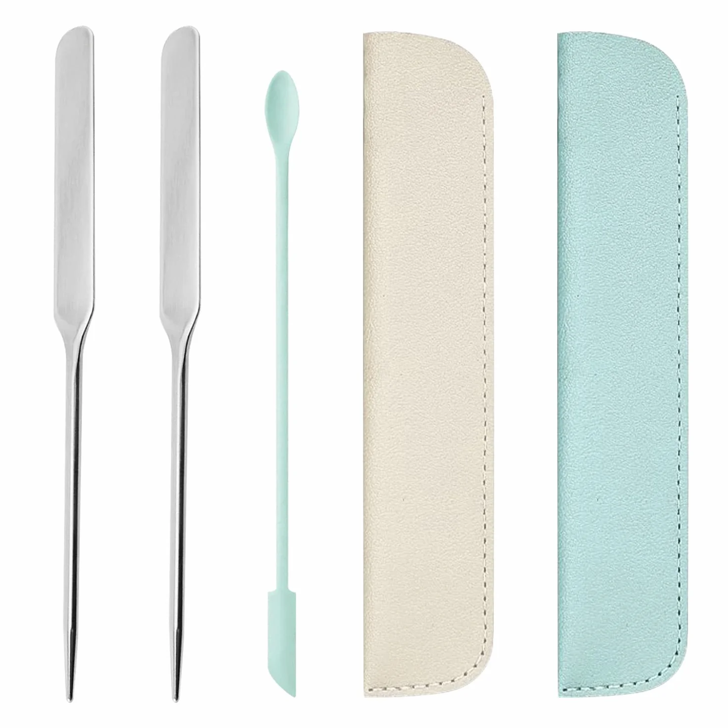 Set di 2 Spatole per Fondotinta in Acciaio Inox - Strumenti per il Trucco del Viso Con 2 Custodie in Pelle e 1 Spatola Verde