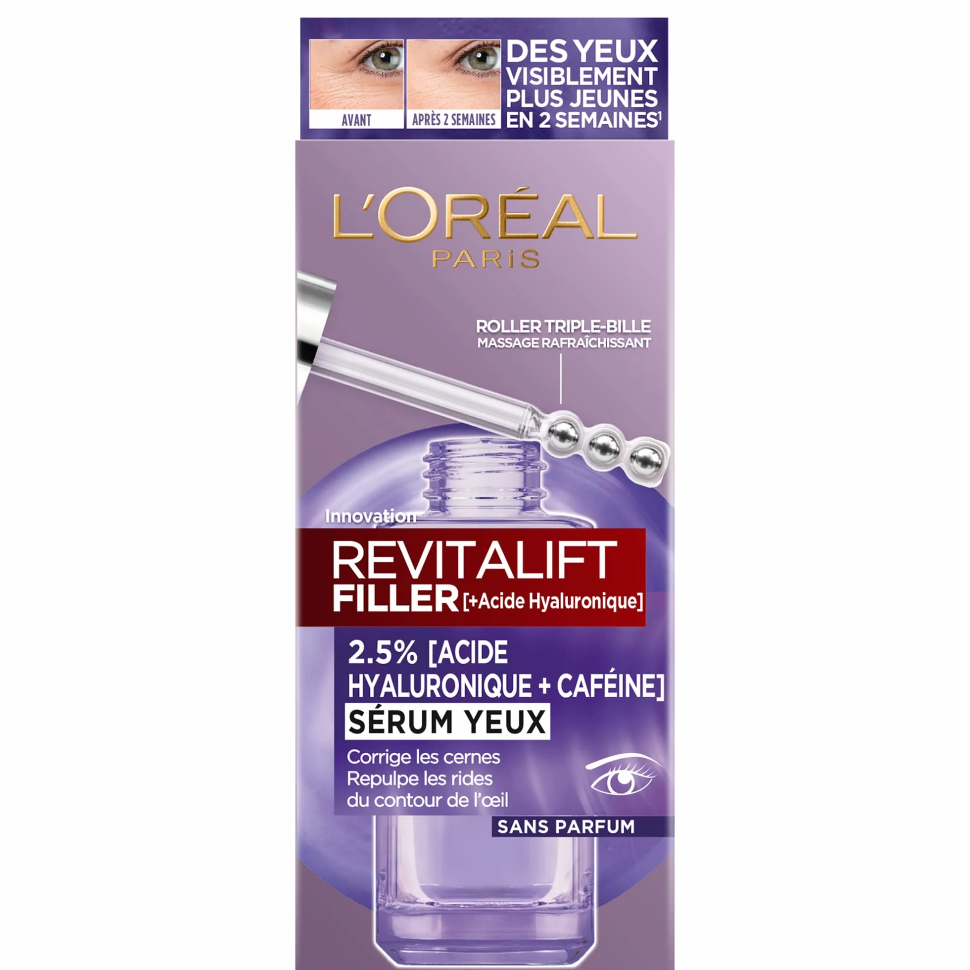 L'Oréal Paris Siero per contorno occhi - Anti-rughe, anti-tasche e correttore - Acido ialuronico puro e caffeina - Punta triple-Bille innovativa - Revitalift Filler - 20 ml