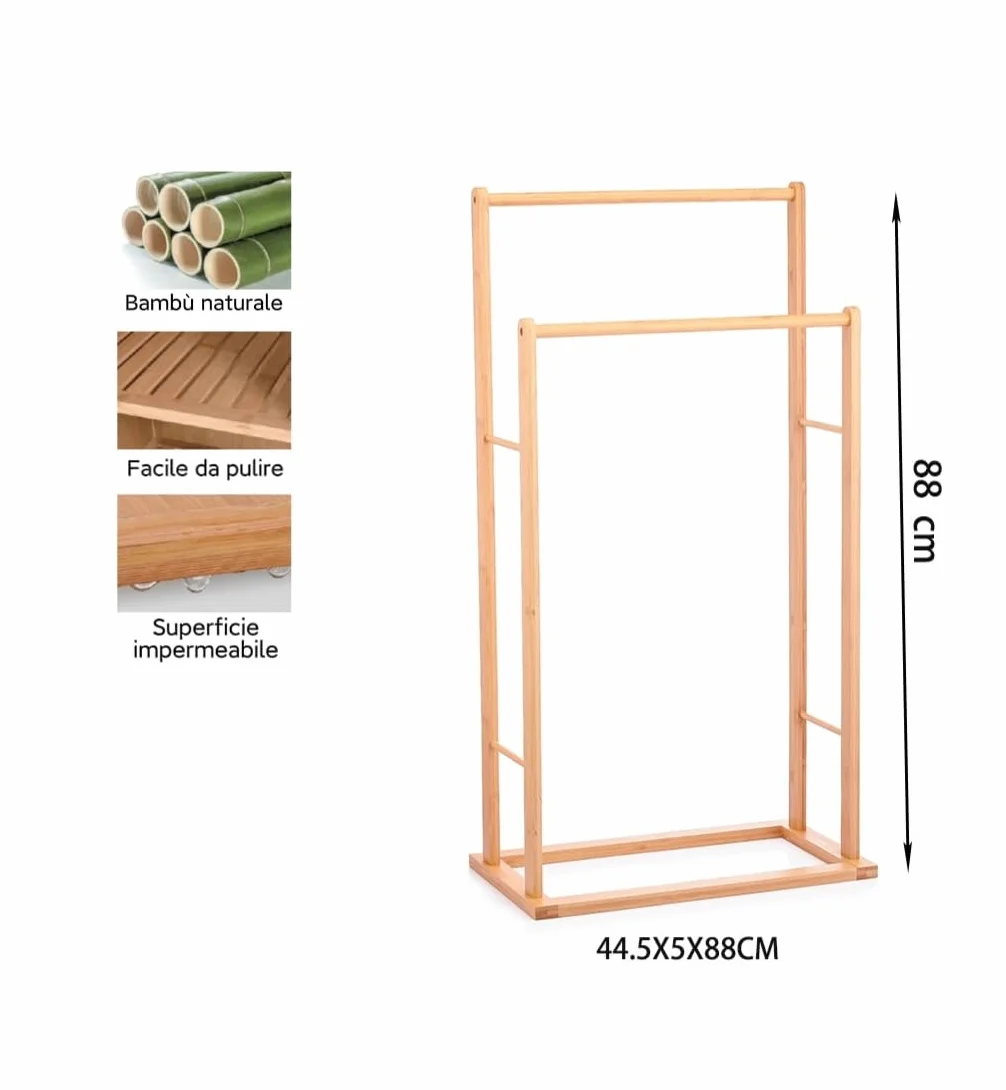 Portasciugamani Verticale in Bambù 2 Livelli Impermeabile 44.5×5×88 cm 2 Barre