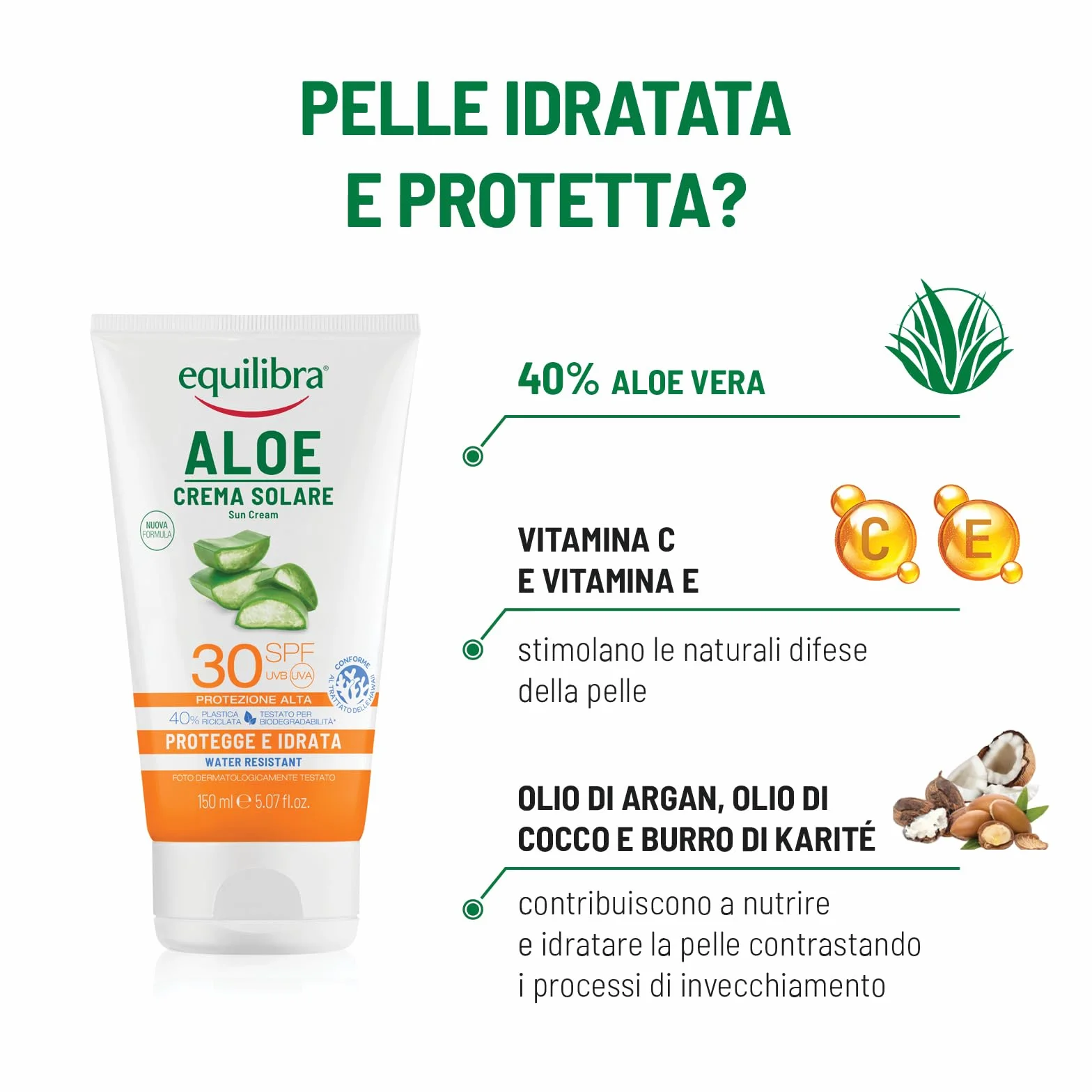 equilibra Solari, Aloe Crema Solare SPF 30 Travel Size, a Base di Aloe Vera, Vitamina C ed E, Olio di Argan, Olio di Cocco e Burro di Karité, Per un'Abbronzatura Sana e Naturale, Water Resistant, 75ml