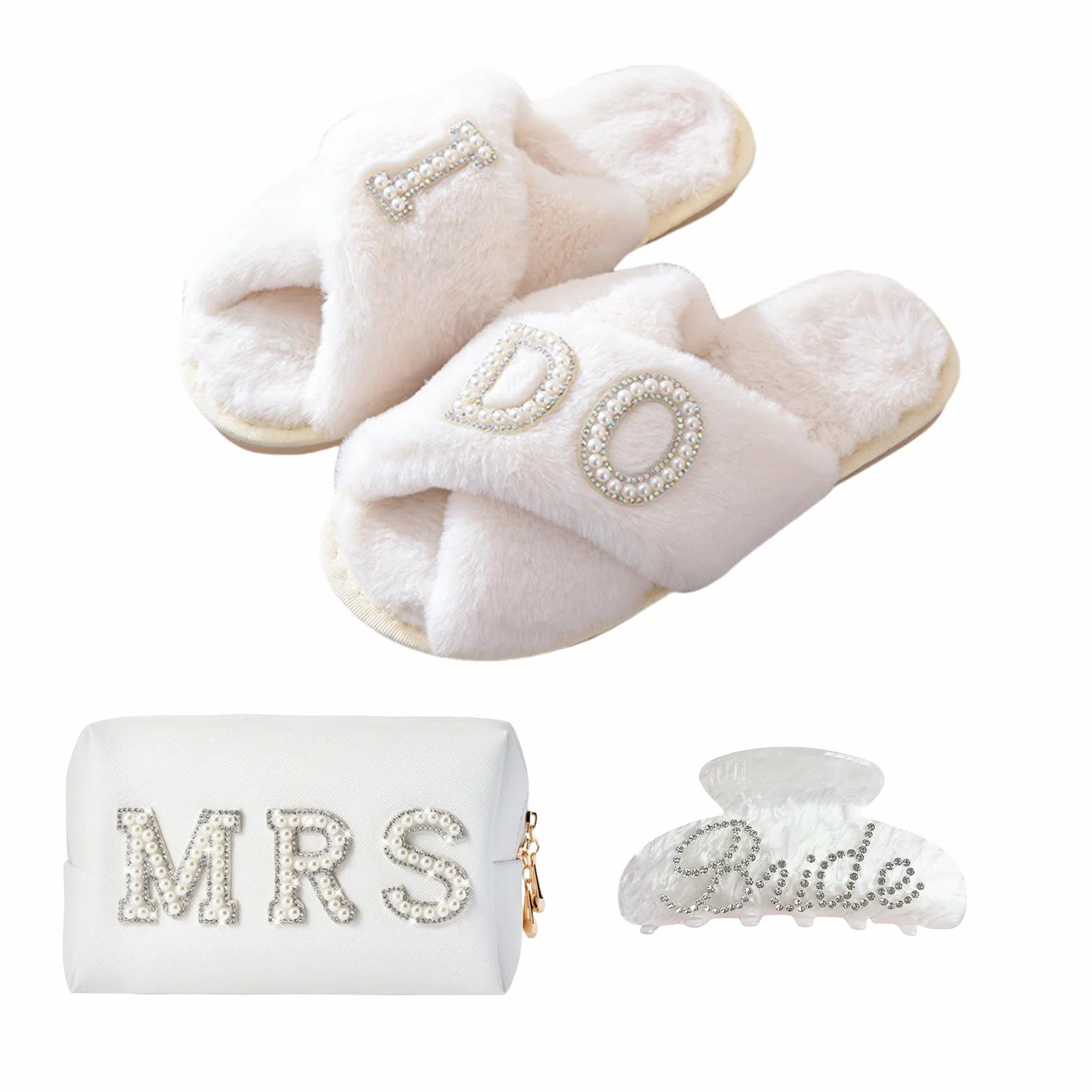 Shimmerz Set regalo futura sposa - Pochette trucco, ciabatte, vestaglia, clip per capelli - Regali di matrimonio