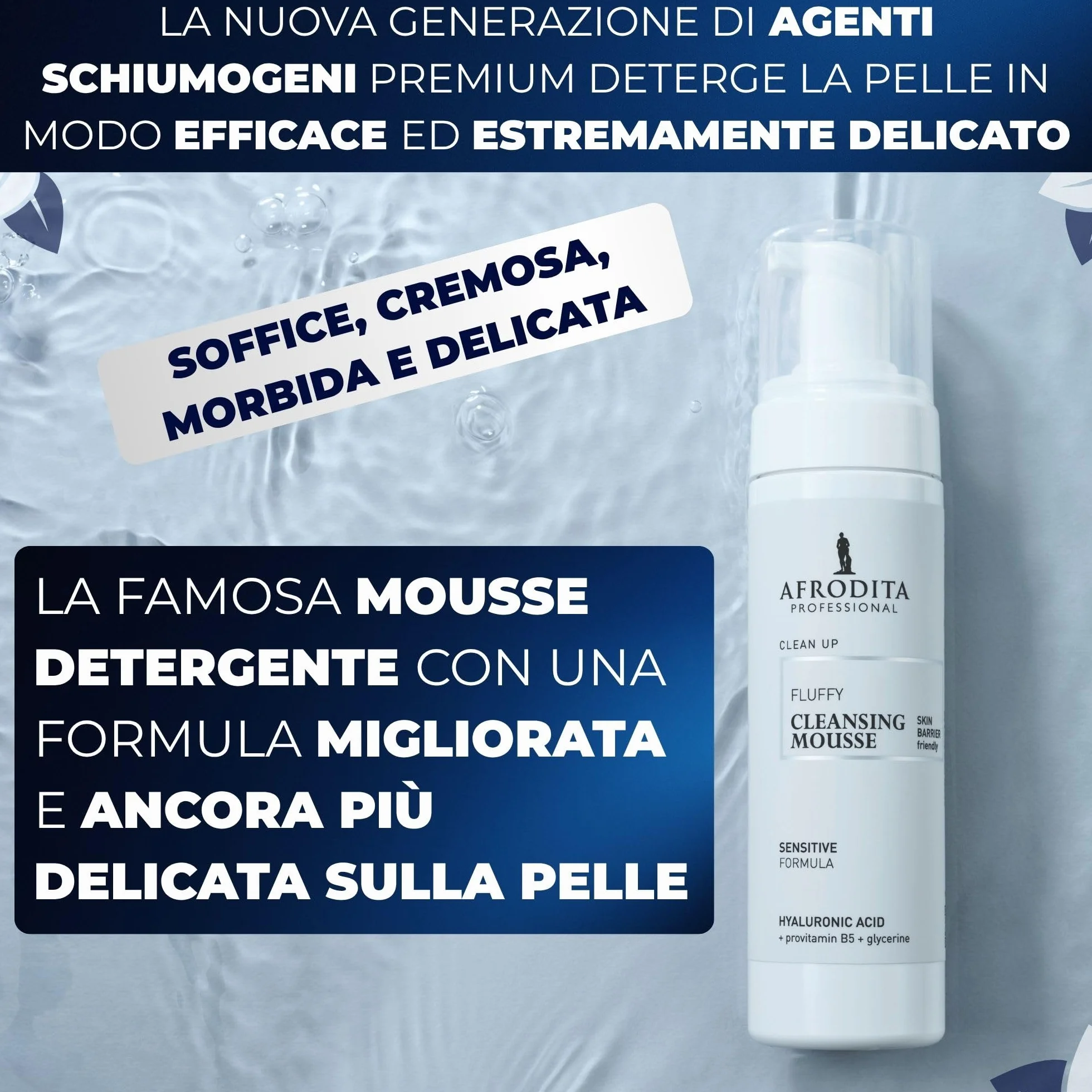 Afrodita Professional Clean Up Fluffy Cleansing Mousse detergente delicato viso pelle sensibile con acido ialuronico e provitamina B5, vegano, 200 ml