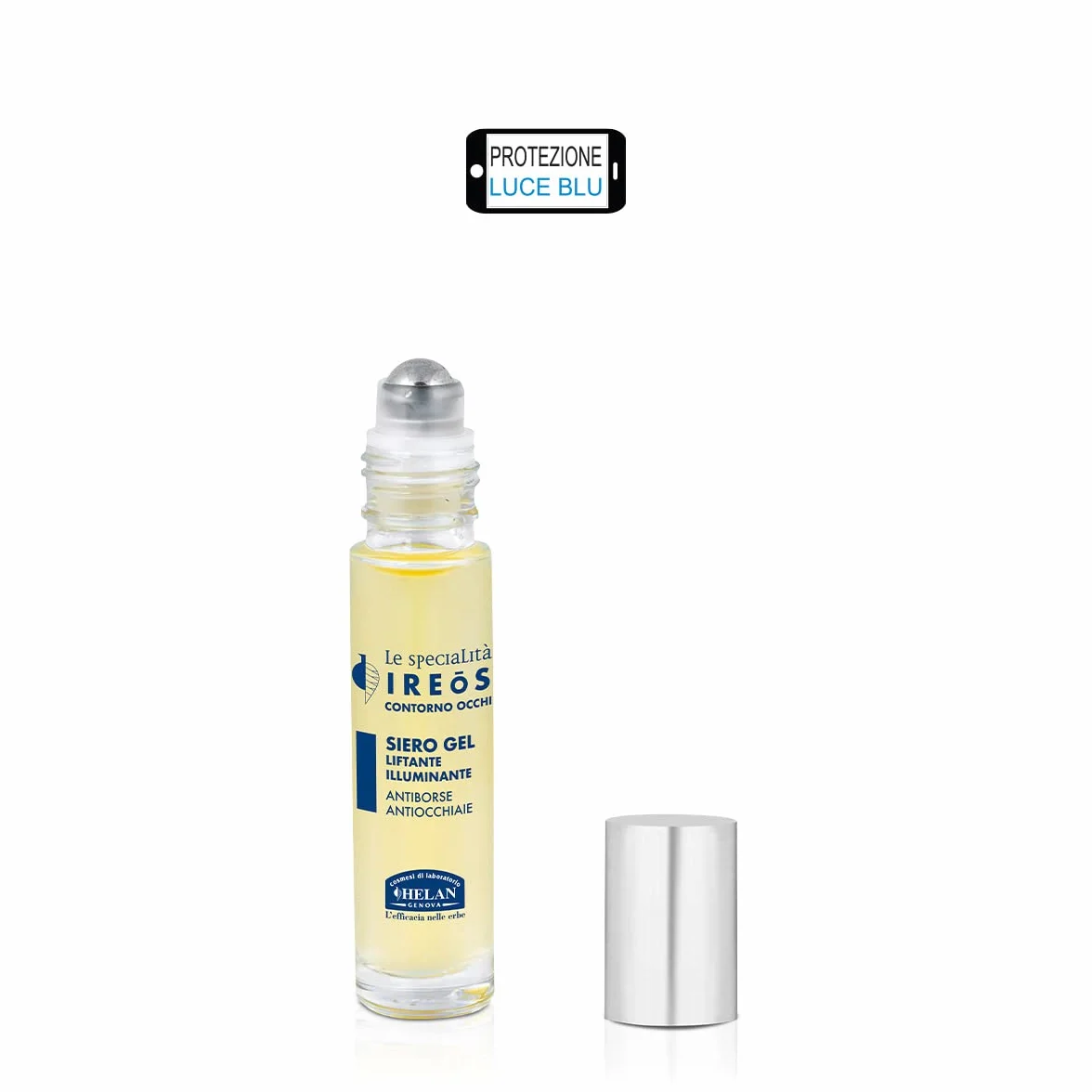 Helan, IREOS - Contorno Occhi Occhiaie Effetto Lifting, Siero Contorno Occhi e Borse Sgonfiante in Formula Gel con Fresco Roll On in Acciaio - Prodotto Skincare Illuminante Antiage con Caffeina, 10 ml