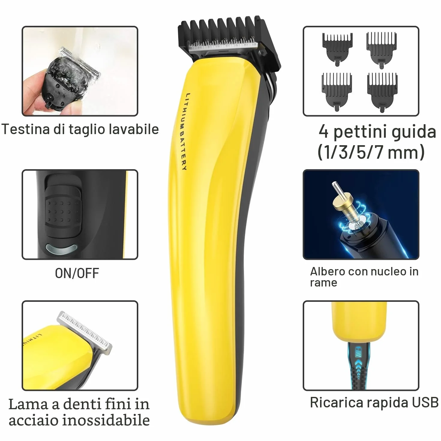 Tagliacapelli Uomo Professionale, Regolabarba Elettrico Barba Rasoio Capelli con 4 Pettine Guida e Potenti Batterie al litio Ricaricabili Incorporate, per la Cura di Barba, Capelli e Corpo (giallo)