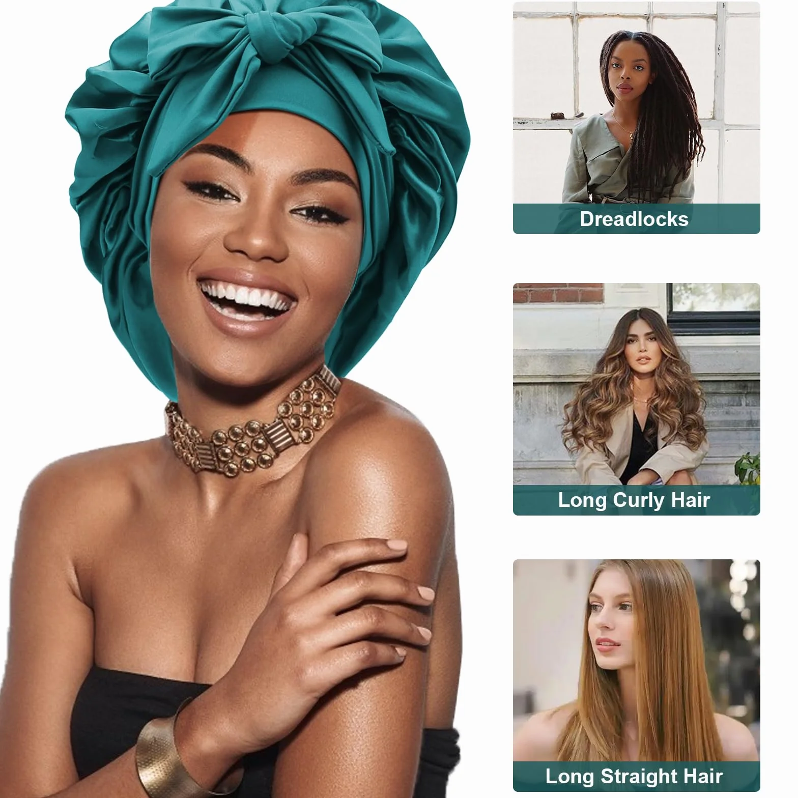 DRESHOW Cuffia con Treccia di Raso per Donna Cuffia di Seta per Dormire Cuffia per Dormire con Fascia Elastica Cuffia da Notte per Capelli Ricci Lunghi Locs