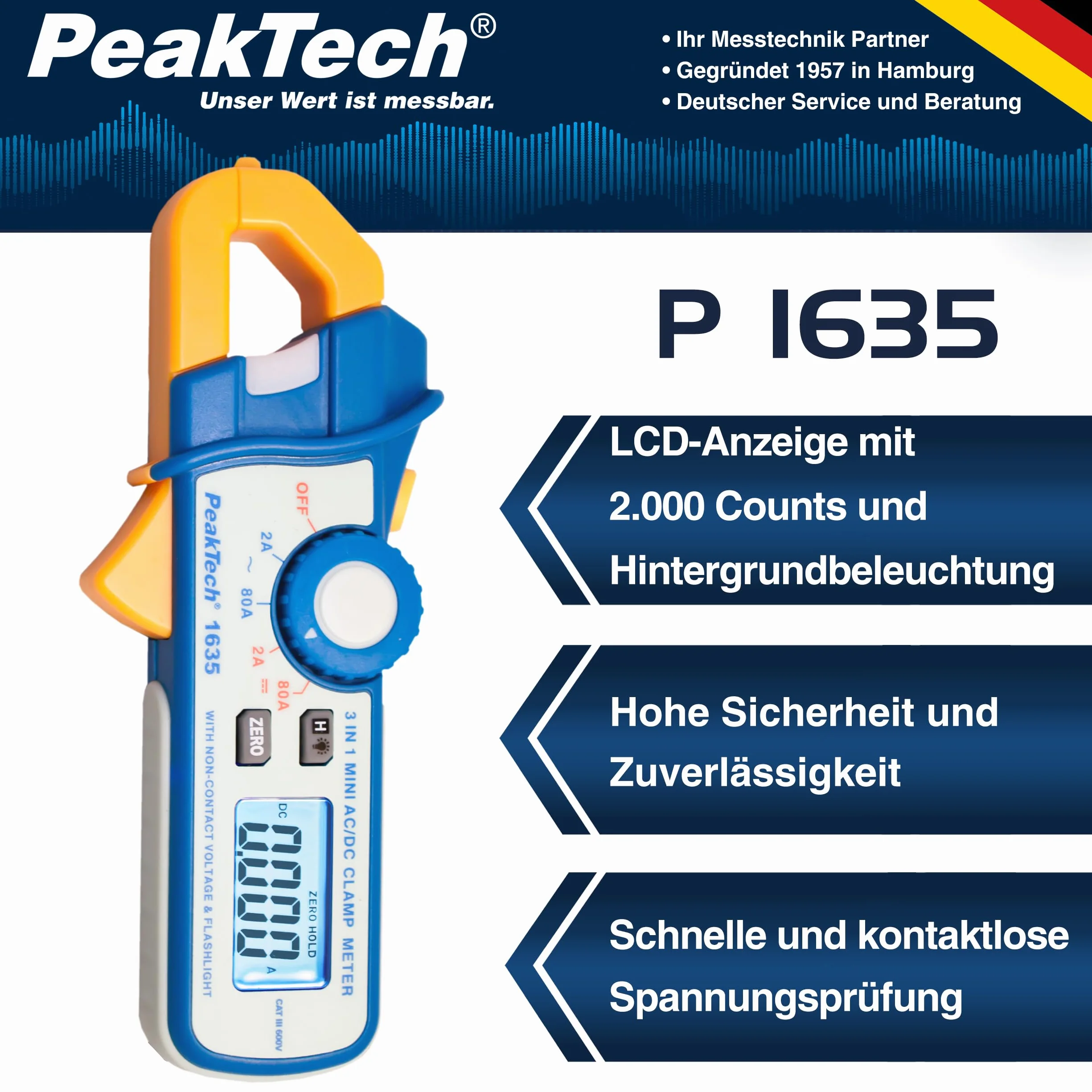 PeakTech P 1635 Pinze per corrente rampicante Risoluzione 1 mA NCV