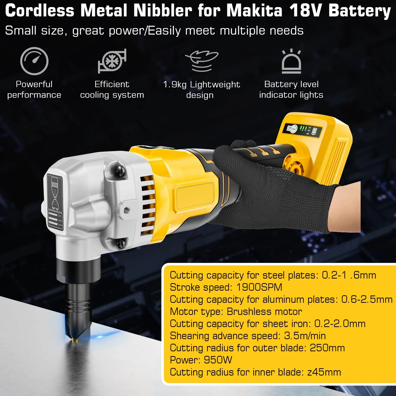 Roditrice in metallo senza fili compatibile con batteria DeWalt 20V, cesoia elettrica senza spazzole 1900 giri/min testa rotante 360°