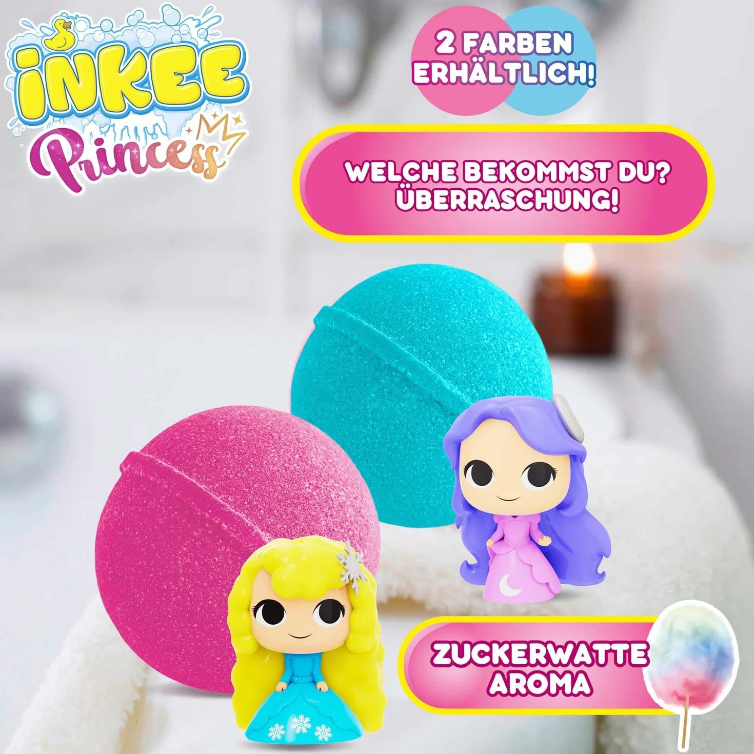 INKEE Surprise Princess – Bomba da bagno principessa con sorpresa, profumo zucchero filato e olio di mandorle, testata dermatologicamente, 100g, rosa o lilla
