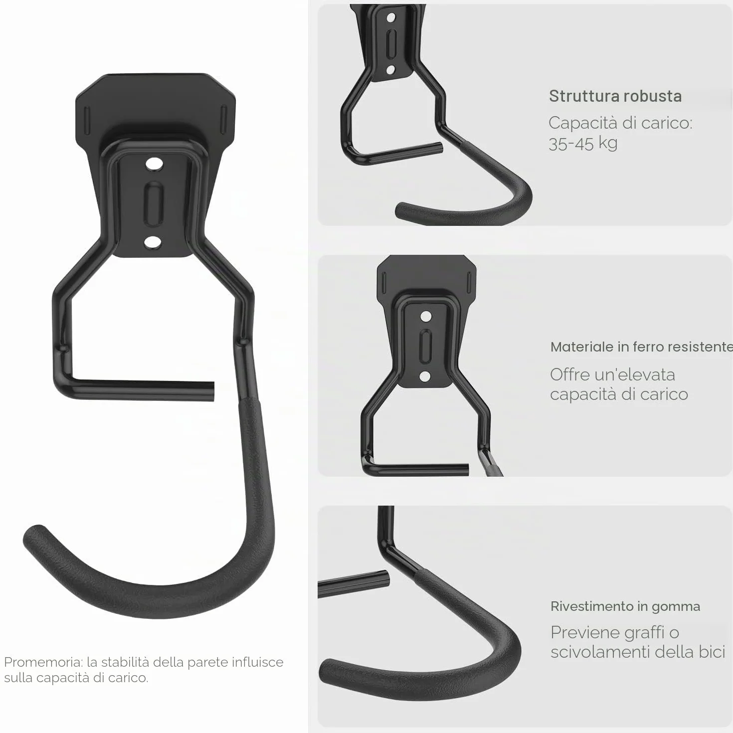 Housolution Appendi Bici da Muro, 4 Supporti Bici da Parete in Ferro Battuto con Imbottiture in EVA, Ganci Pieghevoli, Nero
