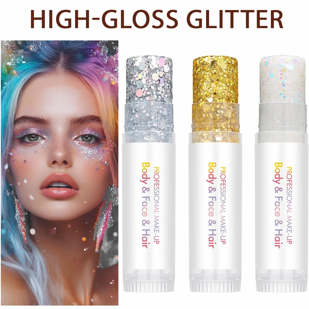 3 Pezzi Glitter Viso, Glitter Capelli, Brillantini per Capelli, Trucco per Carnevale, Compatibili con Carnevale, Halloween, Feste, Musica, Festival, in Maschera(Oro, Argento)