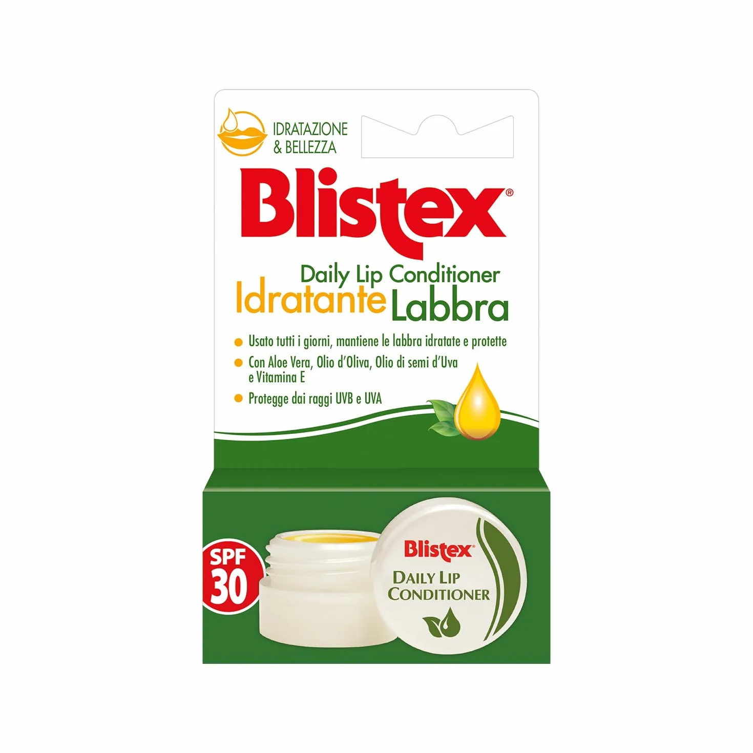 Blistex, Balsamo Labbra Idratante in Vasetto, Protezione e Nutrimento Quotidiano con Aloe Vera, Olio d’Oliva, Olio di semi d’Uva e Vitamina E, Filtro Solare UVA/UVB SPF 30 - Formato in Vasetto 7 g
