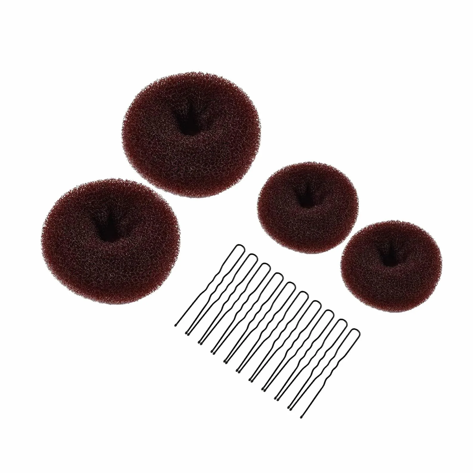 Donut Hair Bun Set di 4 pezzi Chignon Dutt Maker, cuscino per capelli con 10 fermaglio per capelli a forma di U, accessorio per ragazze, donne, bambini, ballerini, marrone