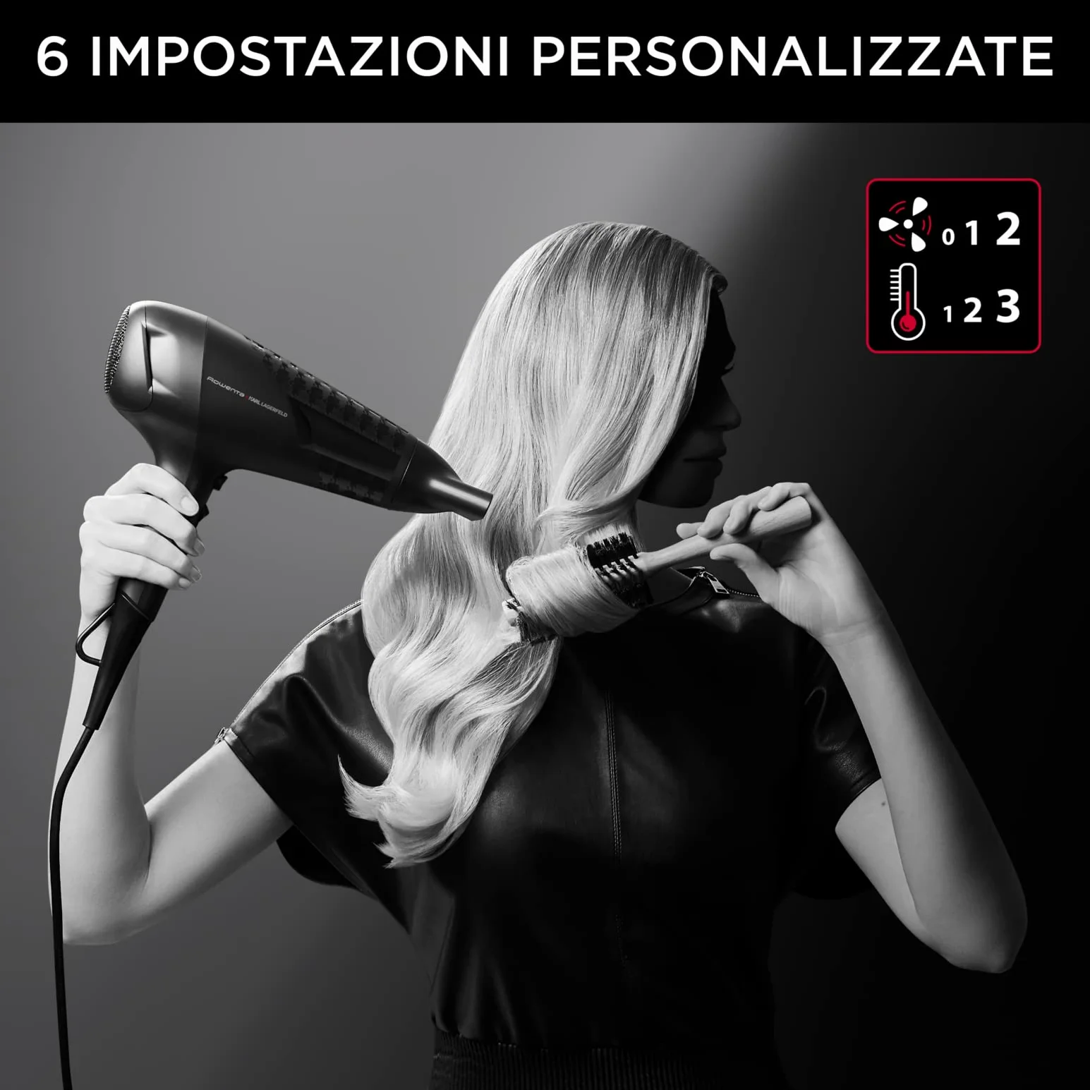 Rowenta x Karl Lagerfeld CV581L Studio Dry, Asciugacapelli, Phon per Capelli Potenza 2100W, Impostazione Thermo Control, 1 Concentratore 12mm, 6 Combinazioni di Velocità/Temperatura