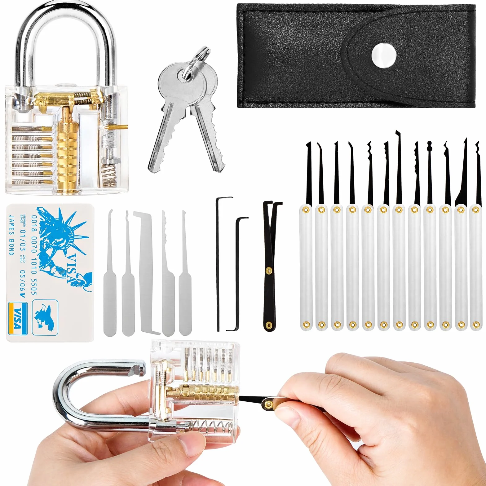 Fabbro Kit Apertura Serratura Universale Lockpicking con Lucchetto Trasparente da Allenamento e Grimaldelli Carta di Credito Set Principianti