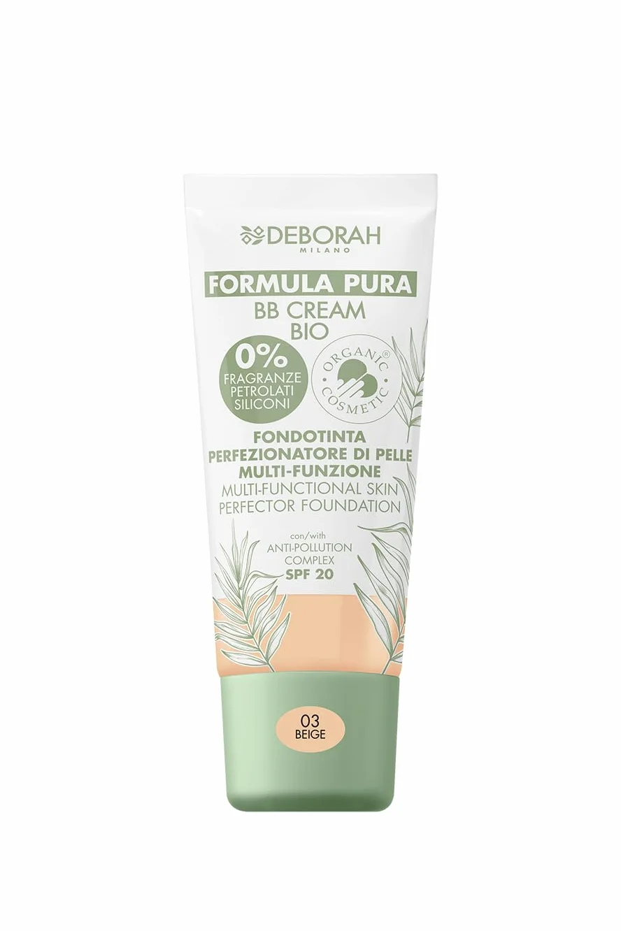 Deborah Milano - BB Cream Formula Pura BIO SPF 20 con Ingredienti Naturali, 03 Beige, Effetto Nutriente, Antiossidante e Anti-luce Blu, Dona una Pelle Levigata e Nutrita, 30 ml