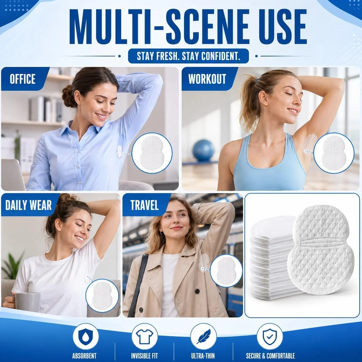 30 Cerotti Assorbenti per il Sudore Ascellare, Adesivi Invisibili Ultra Sottili per Ascelle, Collo e Visiera, Ideali per Abbigliamento, Sport e Uso Quotidiano