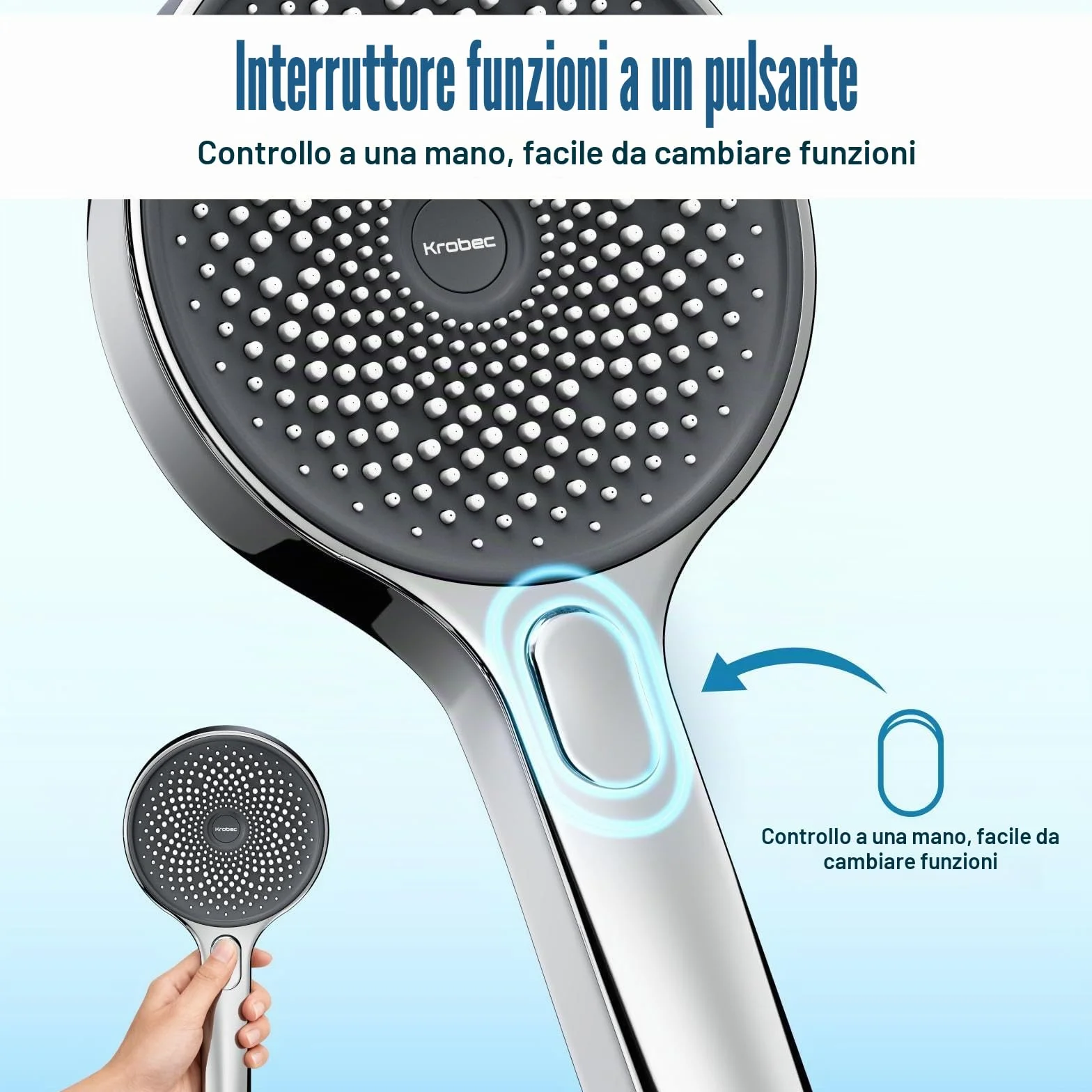 Krobec Soffione doccia 130 mm 3 modalità doccia estraibile risparmio idrico EasyClean cromato