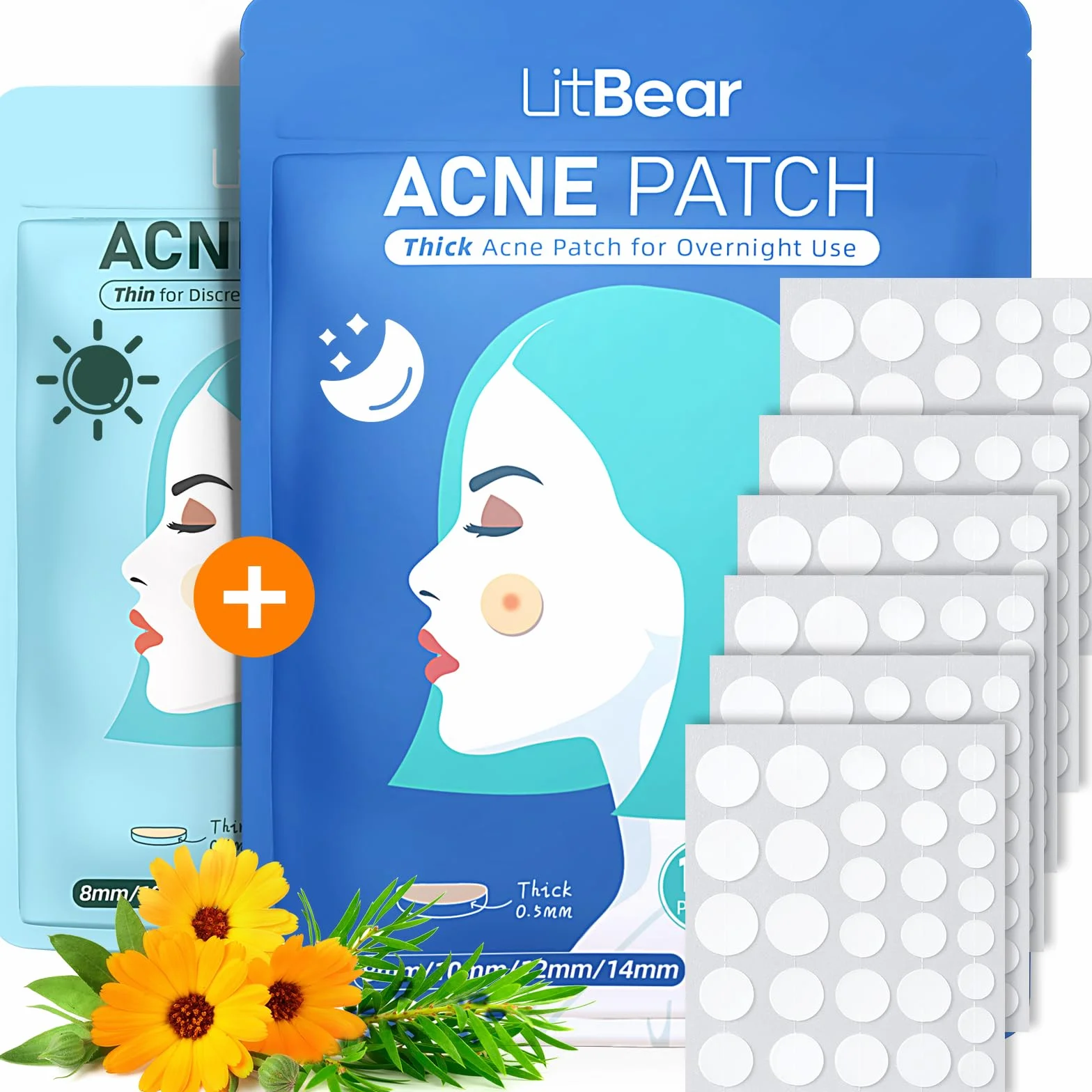LitBear Pimple patches, 4 misure per giorno e notte, 180 toppe idrocolloide sottili e spesse con amamelide, olio di tea tree e calendula, extra adesività per il viso