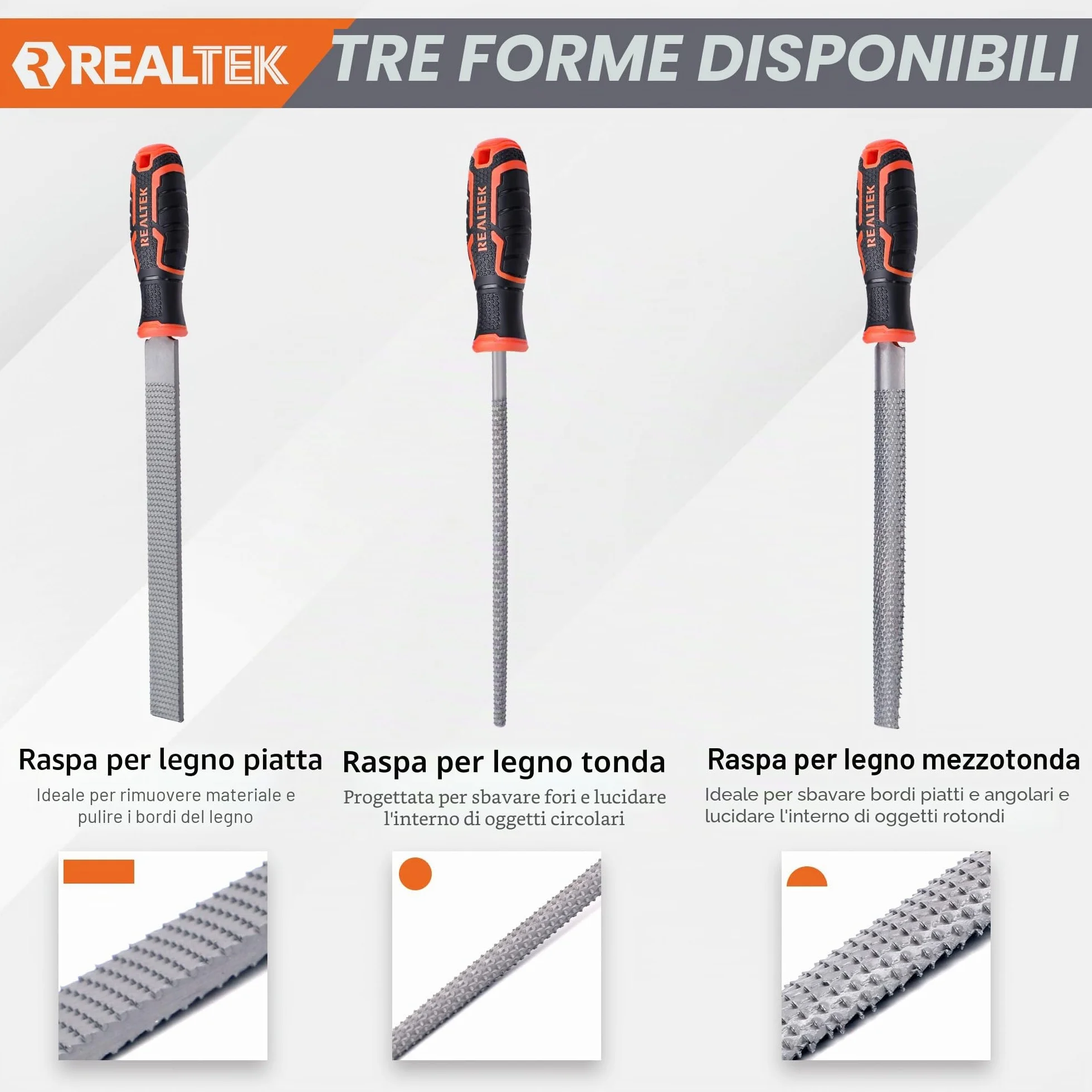 REALTEK Set di raspe per legno 3 pezzi, lima piatta, mezza rotonda e rotonda