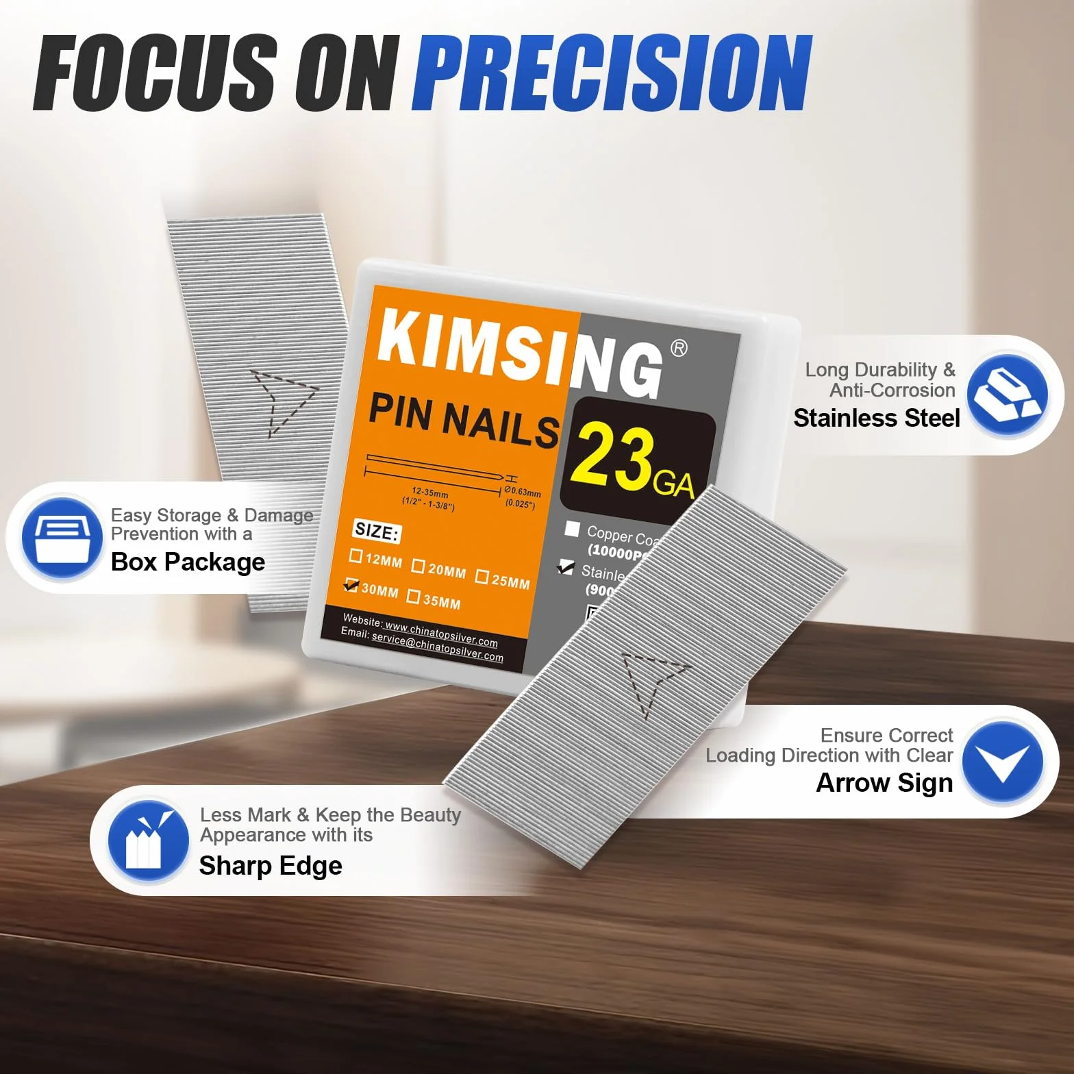 KIMSING Chiodi micro pin acciaio inox calibro 23 30 mm 1-3/16 pollici 9.000 pezzi