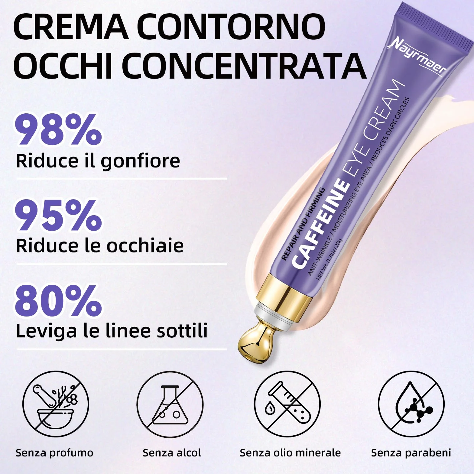 Crema Contorno Occhi alla Caffeina 20g, Riduce le Occhiaie e il Gonfiore, Contiene Niacinamide e Acido Ialuronico, Idratante, Adatta a Tutti i Tipi di Pelle
