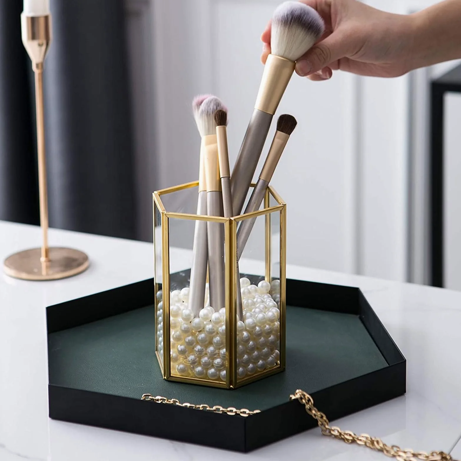 Generic Porta Pennelli Trucco in Vetro Trasparente Perle Bianche Contenitore Organizer da Banco senza Coperchio Porta Scopino per Organizzare e Risparmiare Spazio Sul Piano di Lavoro