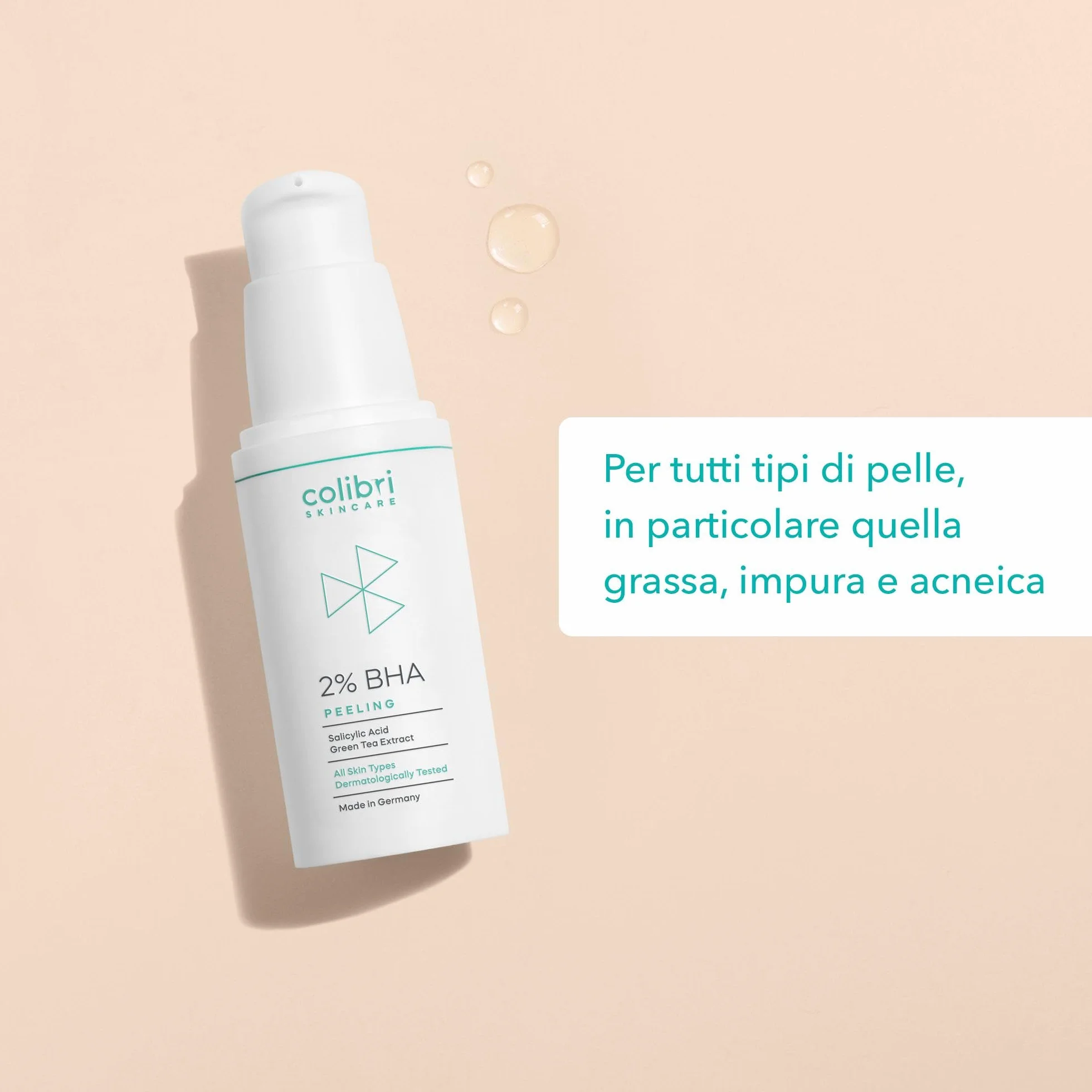 colibri skincare 2% BHA Peeling viso chimico esfoliante con acido salicilico - tutti i tipi di pelle, specialmente grassa e mista - scrub donna e uomo - 30 ml