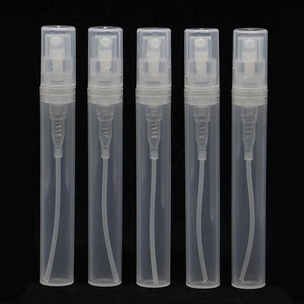 5 mini flaconi spray in plastica trasparente, piccoli flaconi ricaricabili per campioni di profumo, piccoli contenitori per campioni (5 ml)