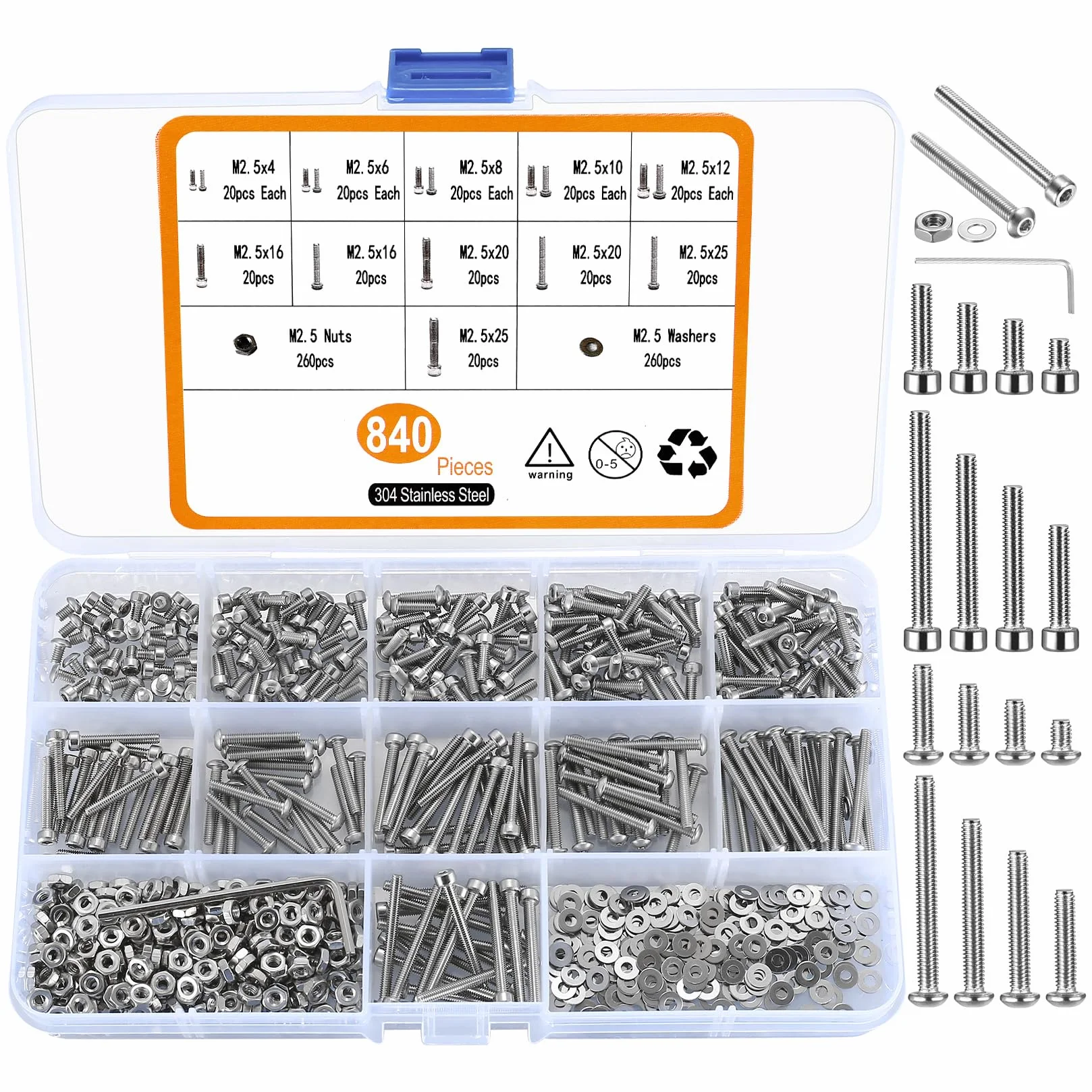Set di Viti M2,5 Acciaio Inox 840 Pezzi Esagono Incassato Testa Bombata Dadi Rondelle