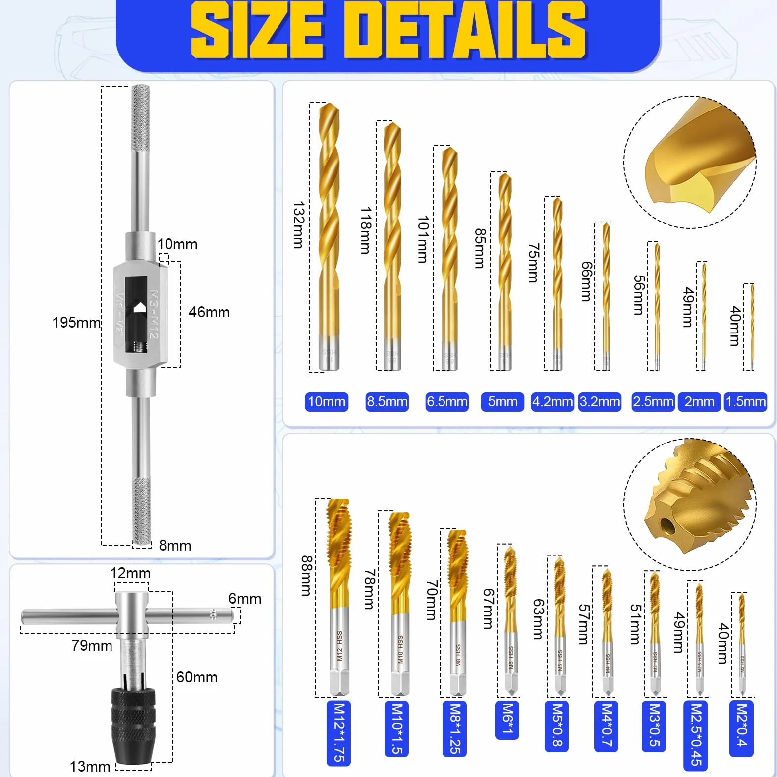 Kit Maschiatura Filettatura Manuale 21 Pezzi, Punte e Maschi M2-M12 1,5-10mm con Borsa in Pelle