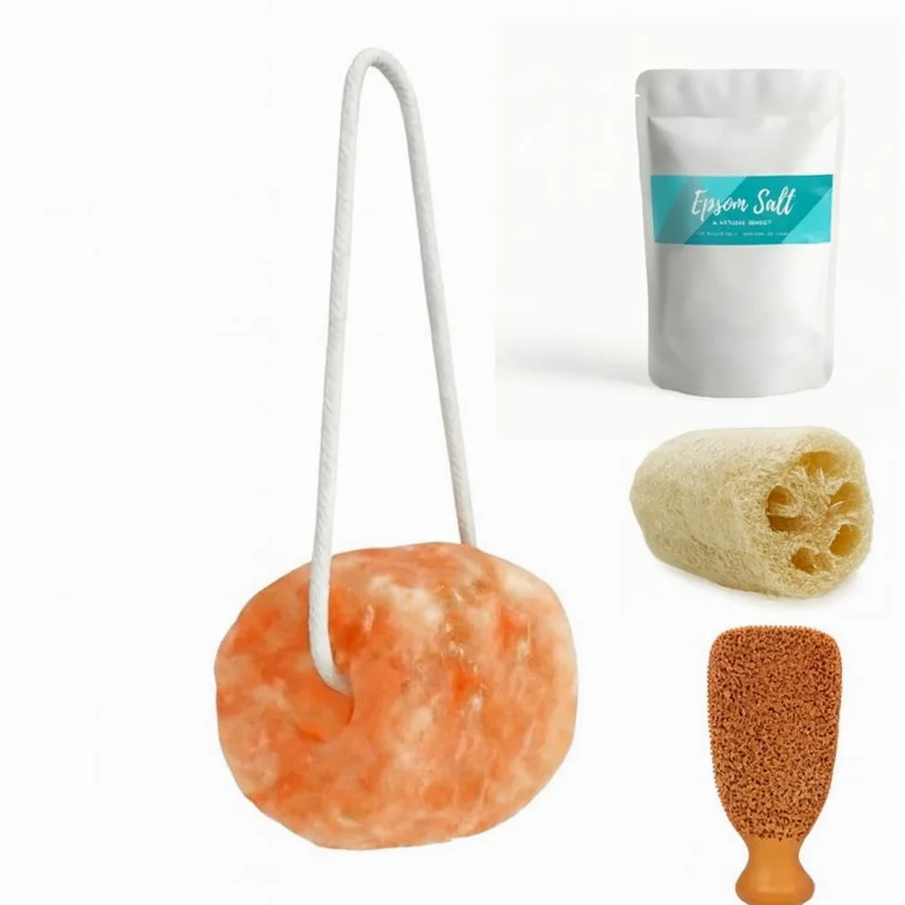 Sale da bagno naturale dell'Himalaya da appendere con corda, 0,9 kg, combinato con sale Epsom da 500 g e pomice di argilla, con spugna di luffa biologica in omaggio.