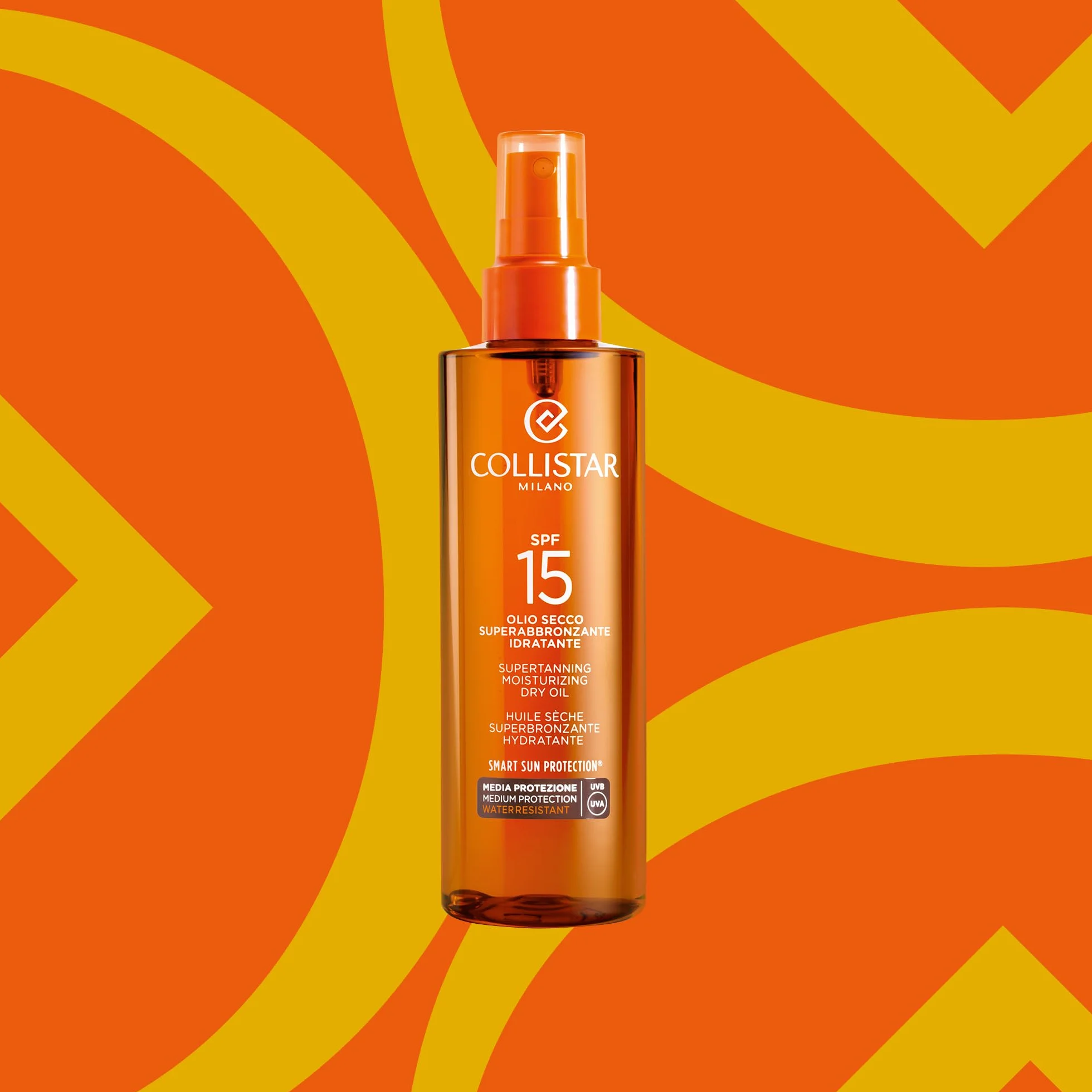 Collistar Olio Secco Superabbronzante Idratante SPF 15, Protezione Solare Media, Intensifica l’Abbronzatura, Per Corpo, Viso e Capelli, Non Unge, Rapido Assorbimento, 200 ml
