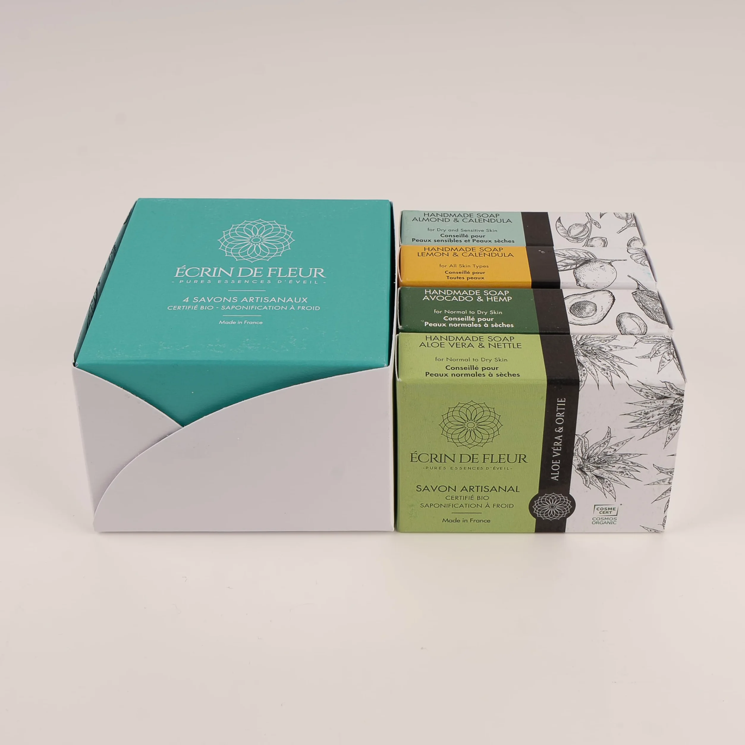 Cofanetto Saponi Biologici, Artigianali in Francia, Certificati COSMOS & Nature et Progrès, Aloe Vera, Avocado, Mandorla & Limone, 4 x 90g