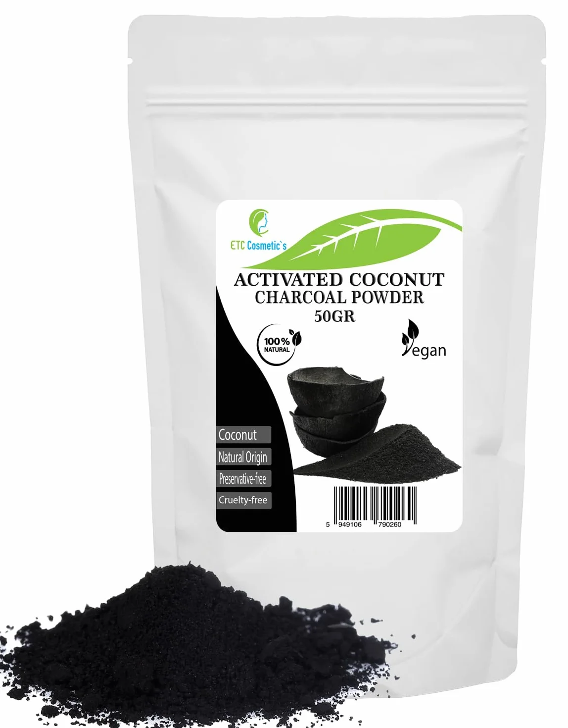 Polvere di carbone attivo - 50 gr - utilizzo in maschere, impacchi per il corpo, scrub, formulazioni esfolianti, colorante per saponi, formulazioni per il trucco come mascara