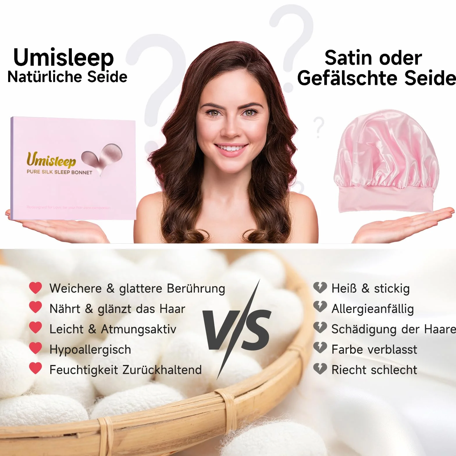 Umisleep 100% 22 Momme Cuffia Seta di Gelso per Dormire, Cuffia da Notte in Seta a Doppio Strato per Capelli Ricci, Traspirante, con Cinturino Largo Regolabile per Il Fissaggio alla Testa, Rosa