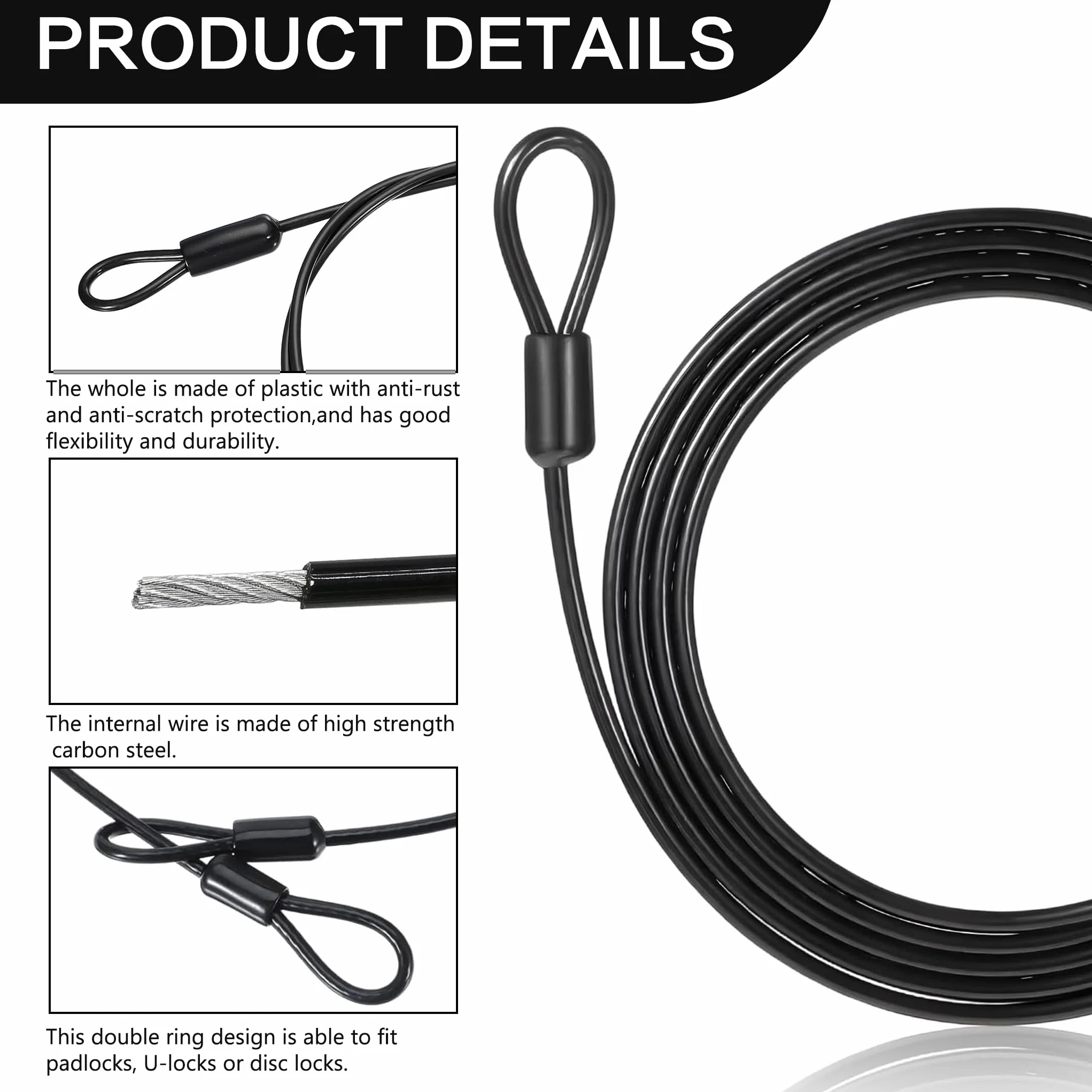 Cavo in acciaio con occhiello 2M x 5mm per lucchetto da bicicletta, rimorchio, nero