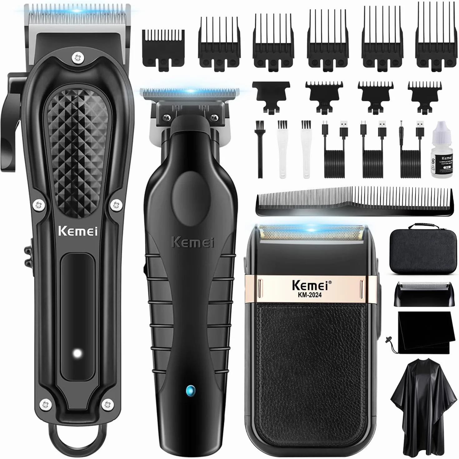 KEMEI Tagliacapelli professionale per uomo, set completo senza fili con trimmer a lama T, rasoio con lamina e 9 pettini guida