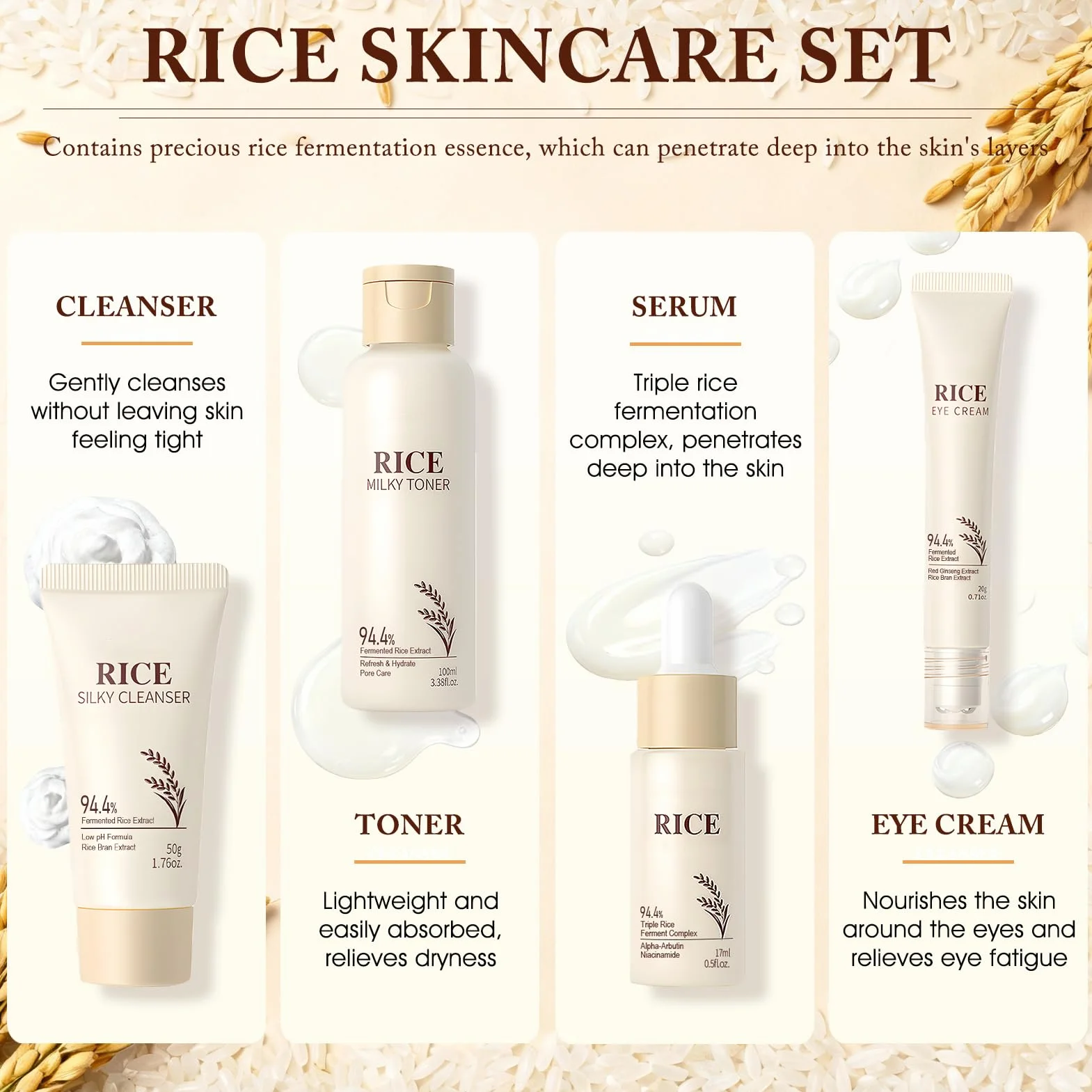 Riso Kit Skincare Viso Completo, 11 Pezzi Riso Set Skincare, Skin Care Coreana Set Completo con Detergente, Maschera, Maschera, Rice Toner, Contorno Occhi, Idrata e Nutre, Lasciando la Pelle Radiosa