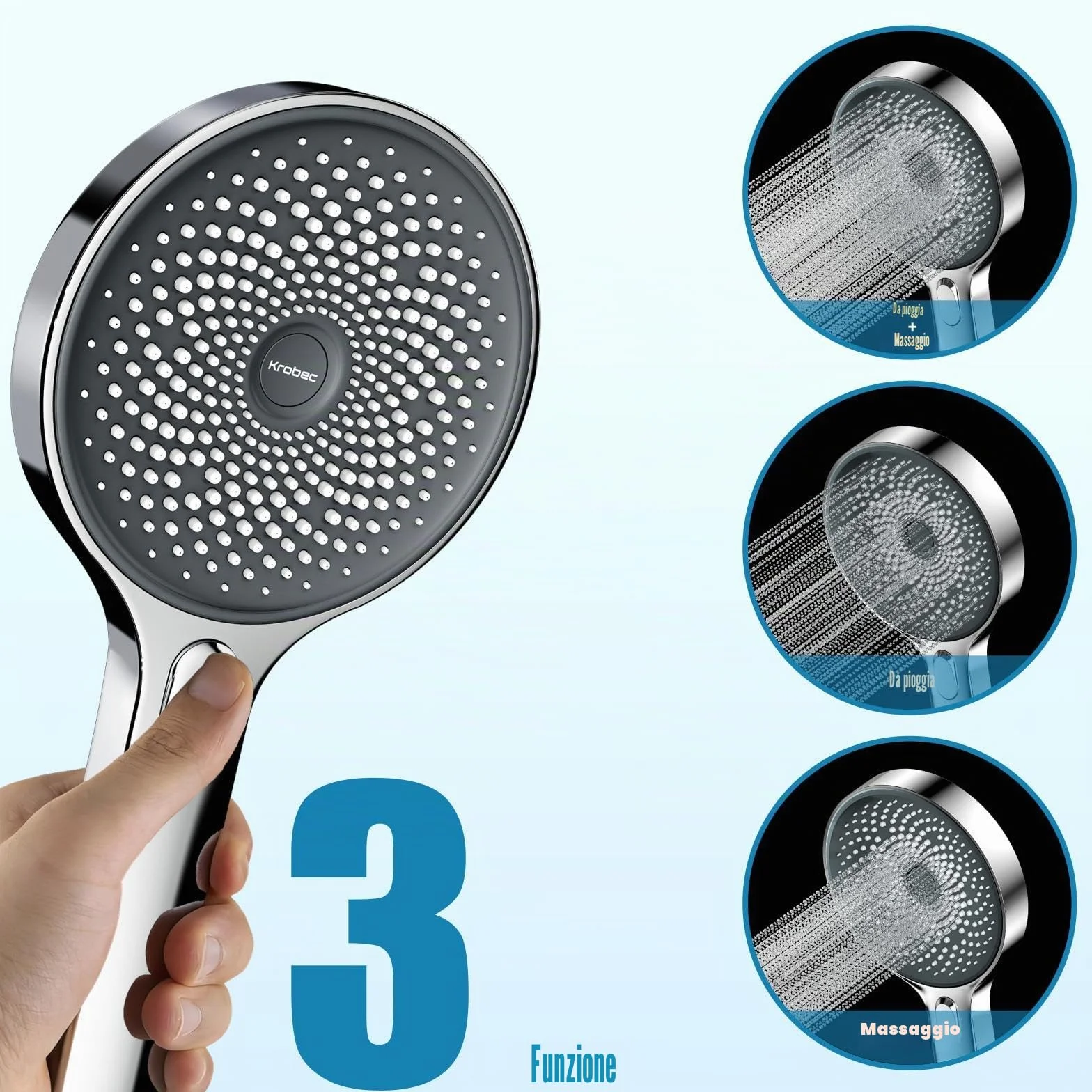 Krobec Soffione doccia 130 mm 3 modalità doccia estraibile risparmio idrico EasyClean cromato