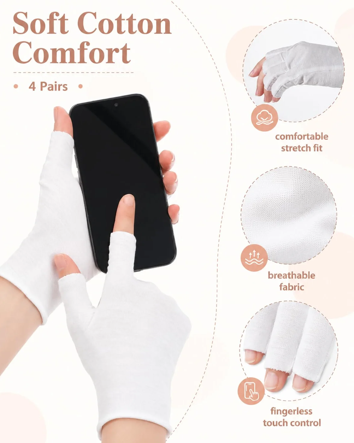 4 Paia Guanti di Cotone Senza Dita, Guanti Protettivi UV per Lampade Gel Unghie, Guanti Sottili per Mani Secche, Touchscreen Trattamento Spa (Bianchi)